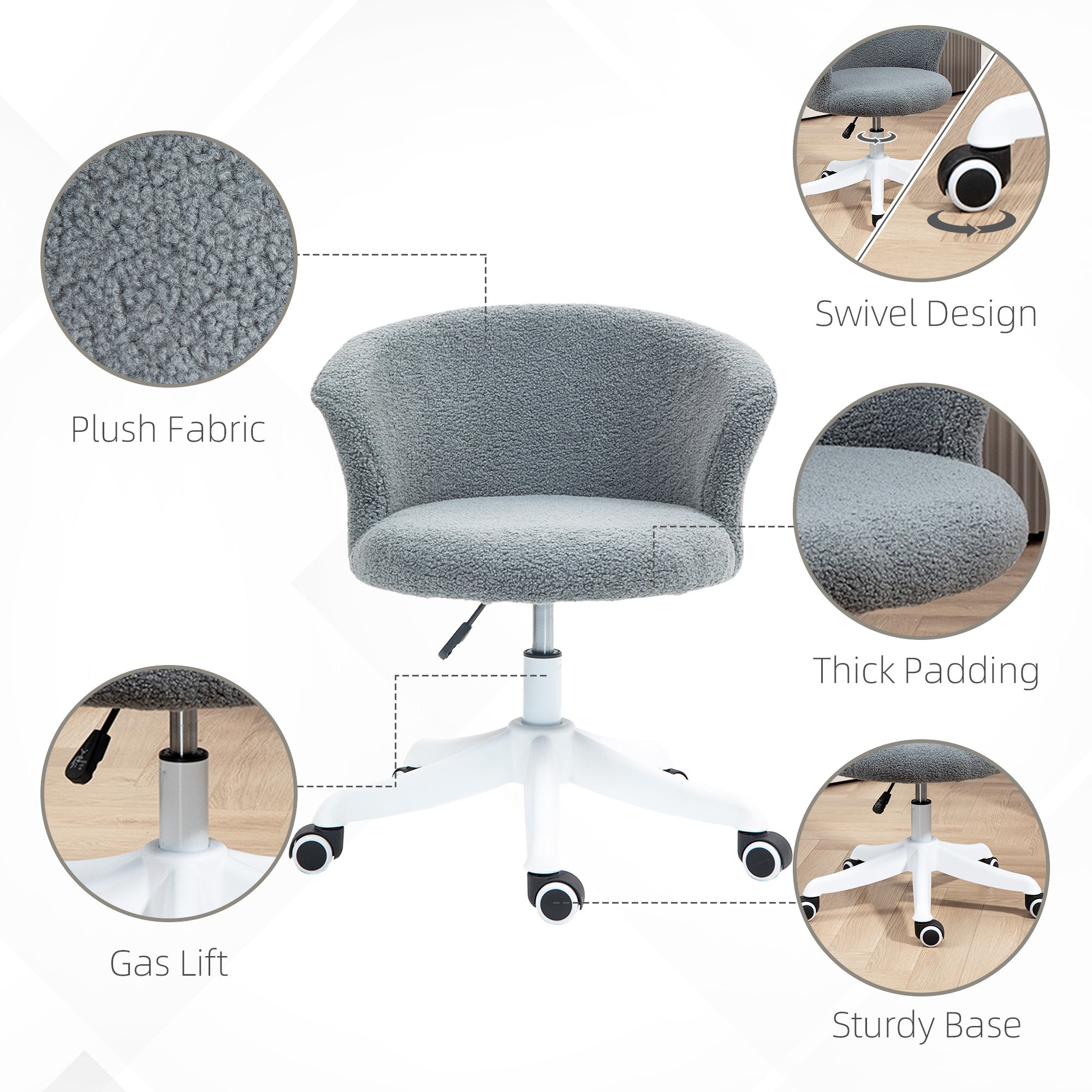 Vinsetto Armless Office Chair, Fluffy Computer Desk Chair with Adjustable Height, Swivel Wheels, Mid Back, Grey