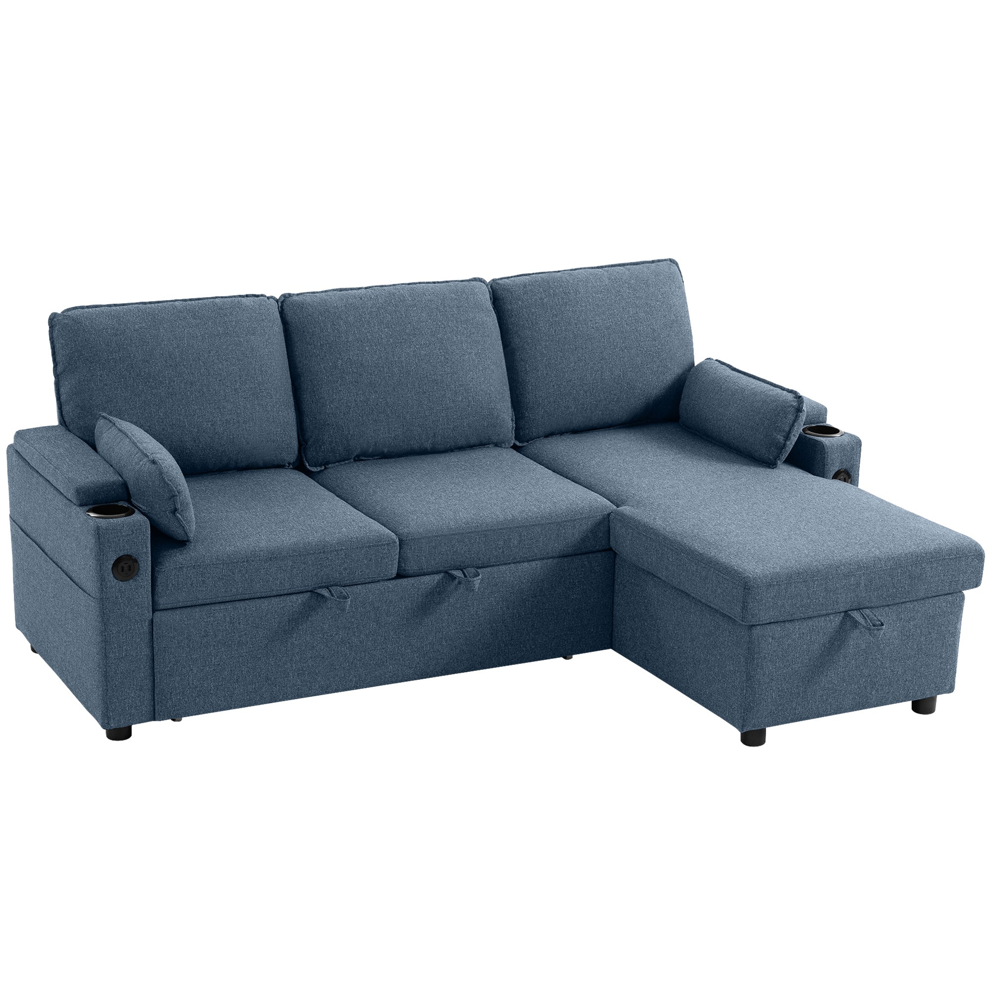Corner Sofa Bed, L Shaped Sleeper Sectional Sofa with Reversible Storage Chaise, 3 Seater Convertible Pull Out Sofa Bed with Spring Seat, USB Ports, Cup Holders, Pillows for Living Room, Blue