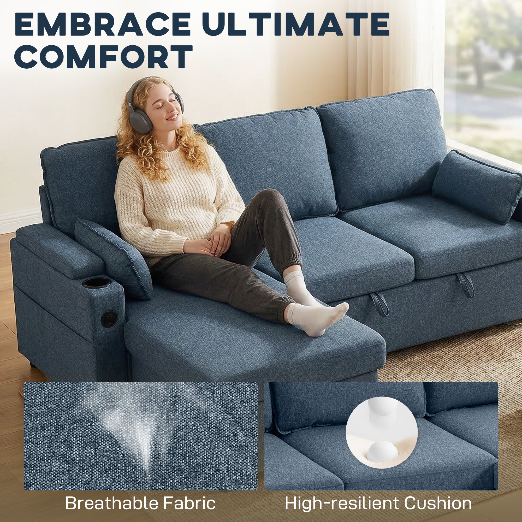 Corner Sofa Bed, L Shaped Sleeper Sectional Sofa with Reversible Storage Chaise, 3 Seater Convertible Pull Out Sofa Bed with Spring Seat, USB Ports, Cup Holders, Pillows for Living Room, Blue
