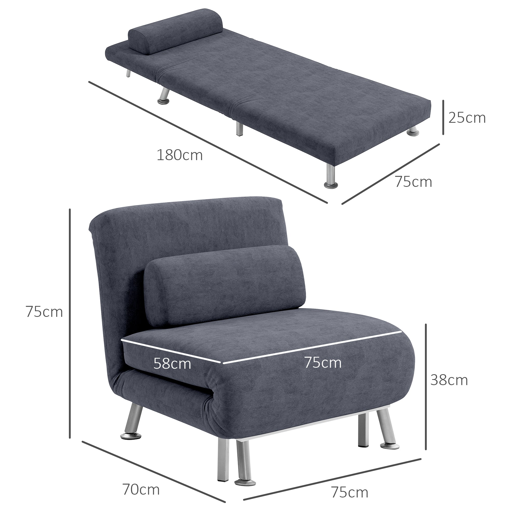 HOMCOM Velvet Single Chair Bed, 3-in-1 Convertible Sleeper Chair with Adjustable Backrest, Pillow, for Living Room, Bedroom, Charcoal Grey