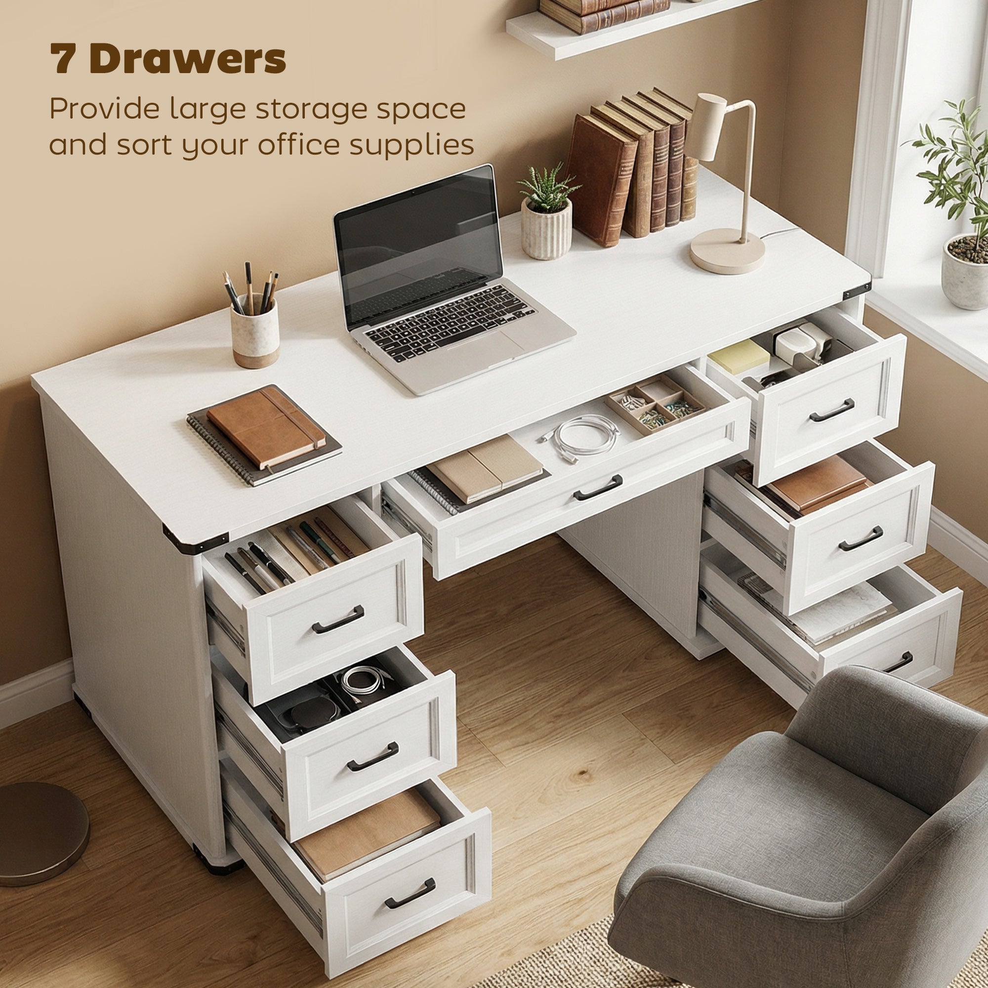55" Farmhouse Executive Desk, Computer Desk with Drawers, Study Table for Home Office, Bedroom, White Wood Grain