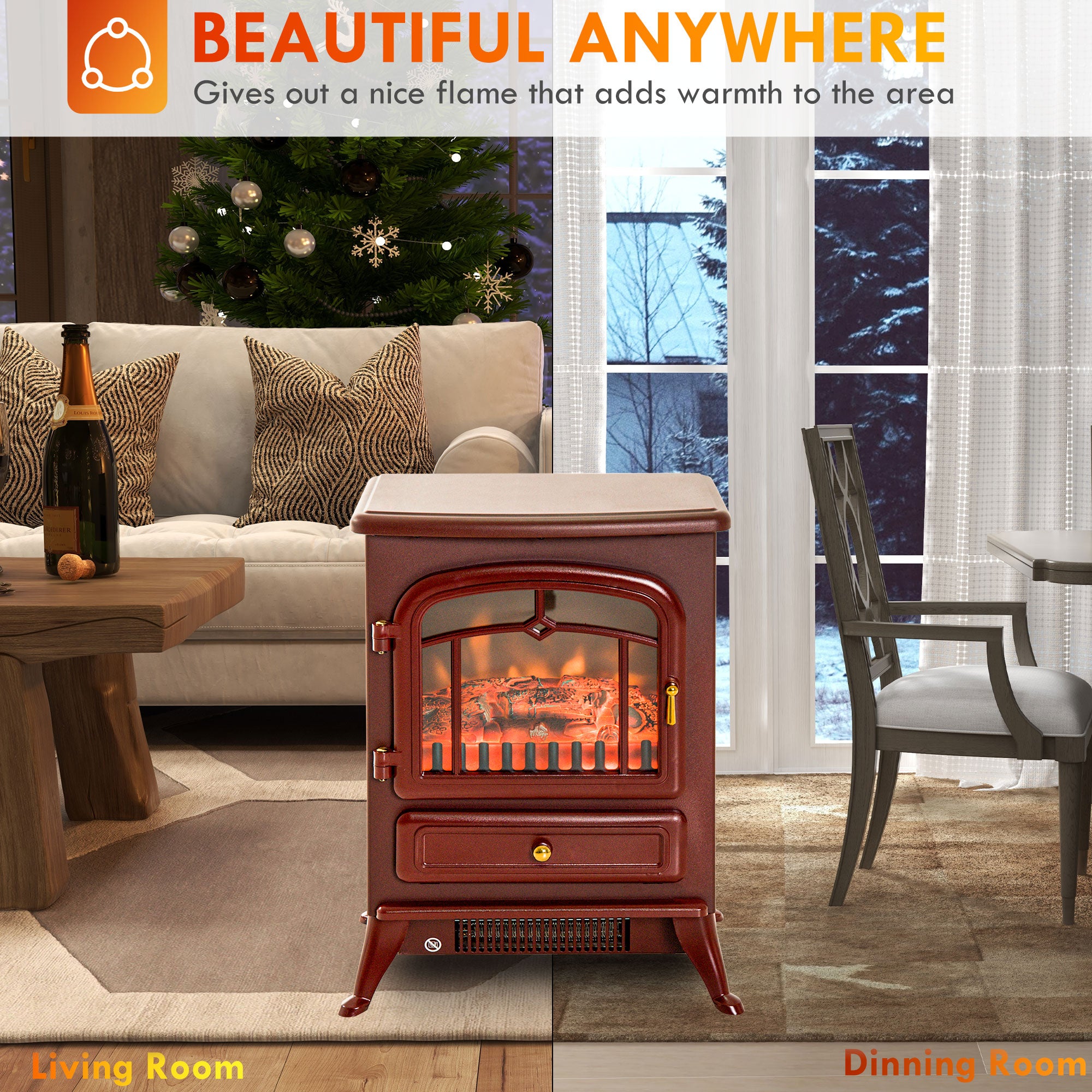 22" Electric Fireplace Heater Freestanding Stove with Realistic LED Flames and Logs 750W/1500W Red