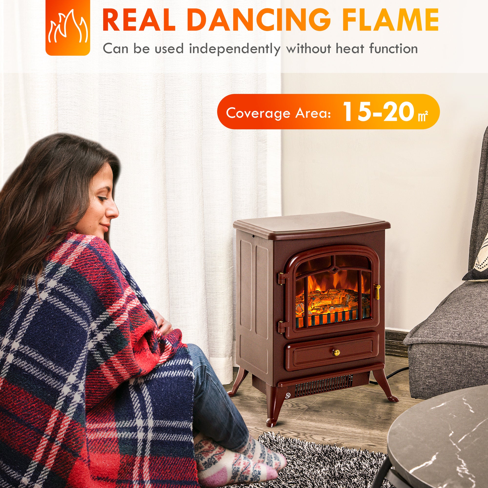 22" Electric Fireplace Heater Freestanding Stove with Realistic LED Flames and Logs 750W/1500W Red