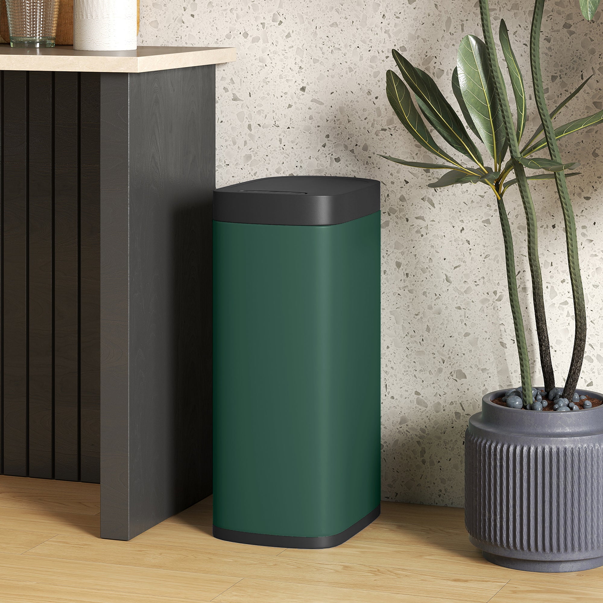 50L Sensor Bin, Automatic Touchless Kitchen Bin with Motion Sensor, Manual Override, Battery Operated, Fingerprint-Resistant, Inner-Bucket-Free, for Kitchen, Bedroom, Home Office, Dark Green