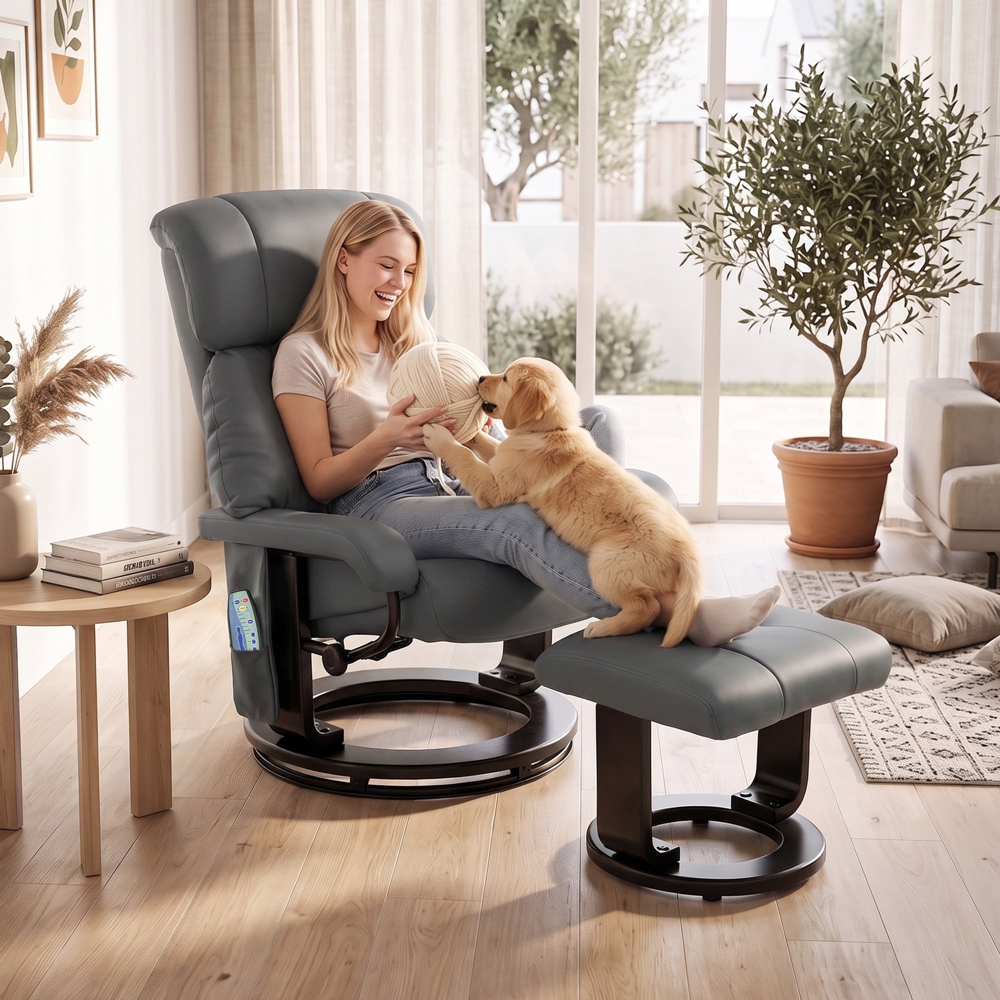 Massage Recliner Chair with Ottoman, 360° Swivel Recliner and Footstool, 10-Point Vibration, PU Leather Reclining Chair with Remote Control, Gray