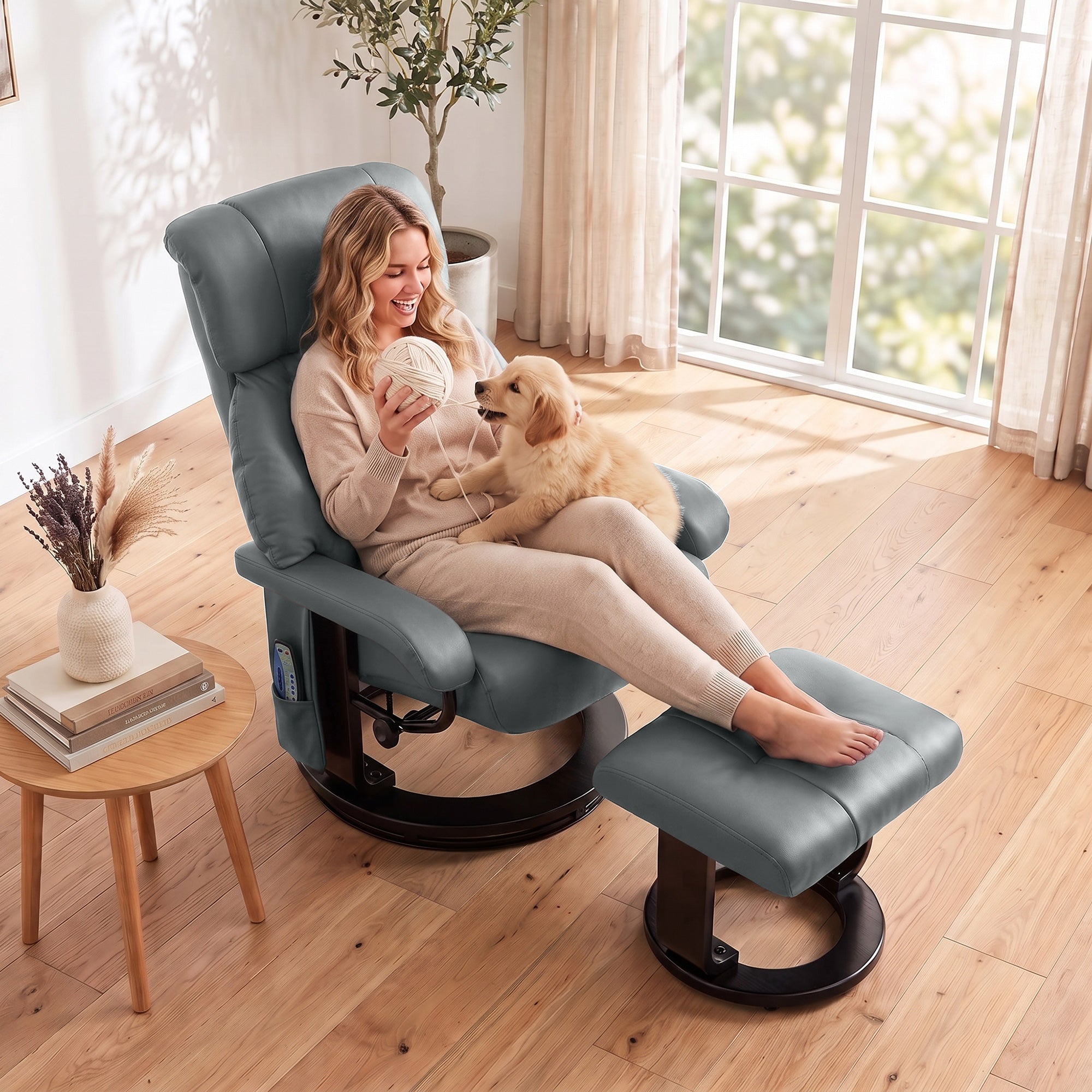 Massage Recliner Chair with Ottoman, 360° Swivel Recliner and Footstool, 10-Point Vibration, PU Leather Reclining Chair with Remote Control, Gray