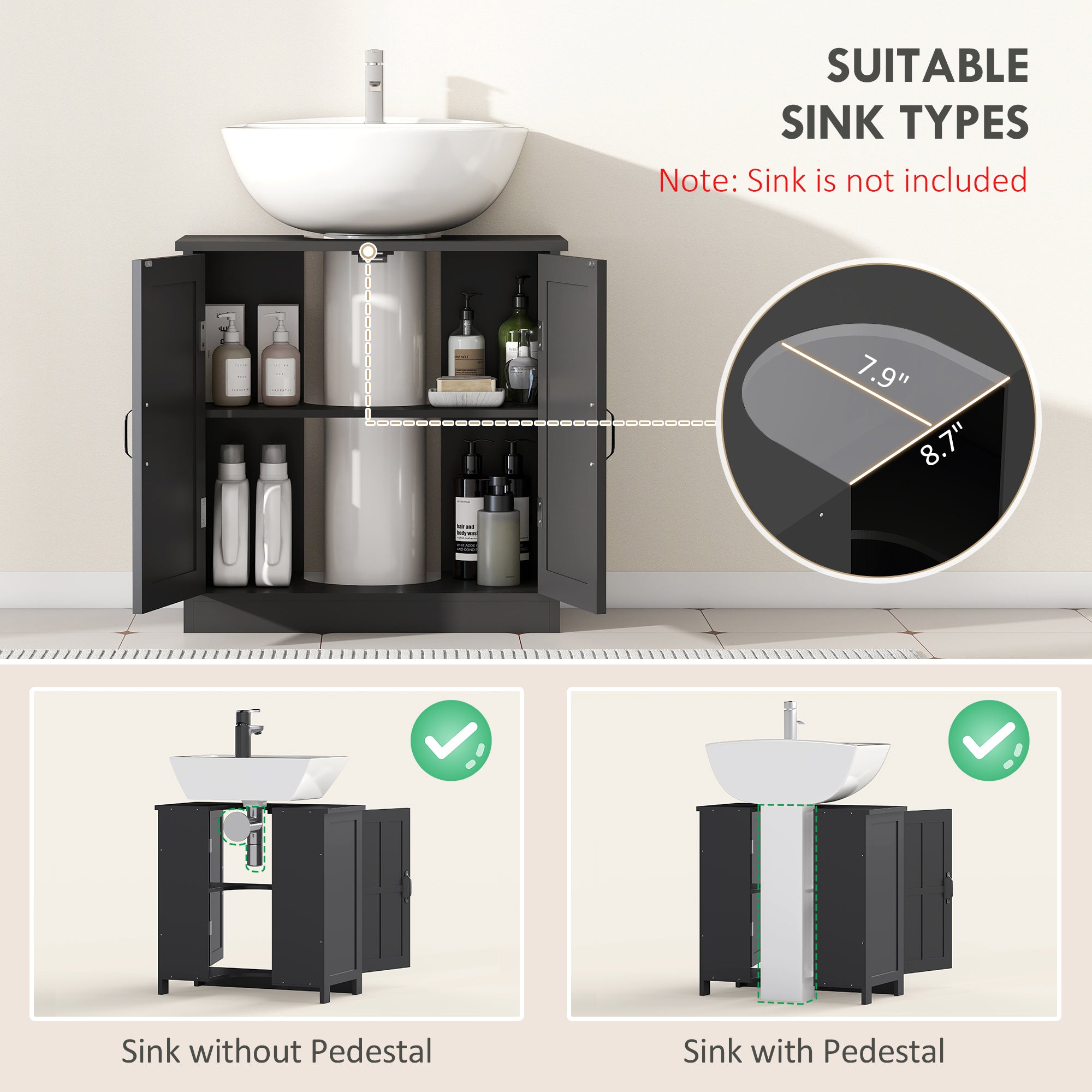 Pedestal Under Sink Cabinet, Bathroom Vanity Cabinet Storage with Double Doors and Adjustable Shelf, Black