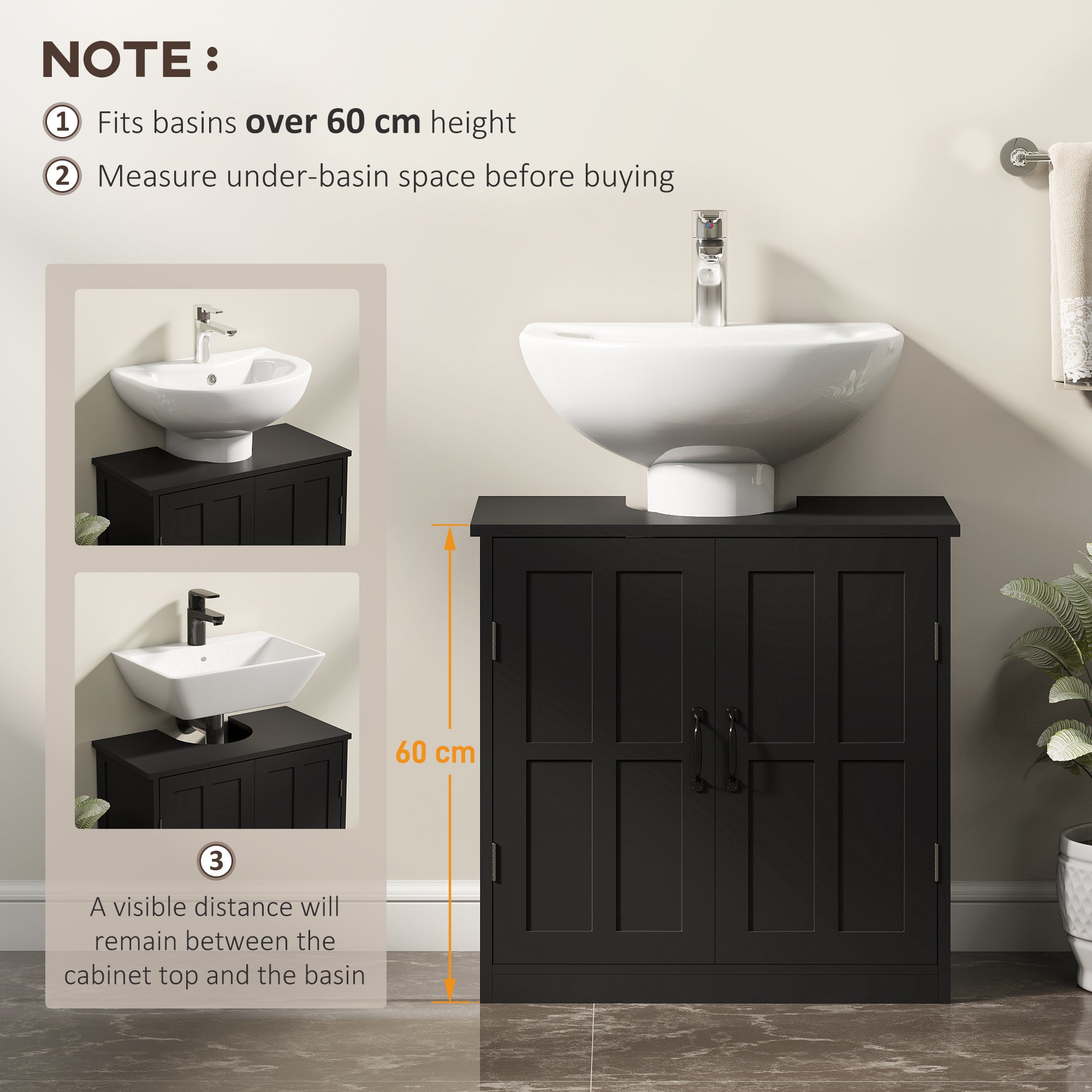 Pedestal Under Sink Cabinet, Bathroom Vanity Cabinet Storage with Double Doors and Adjustable Shelf, Black