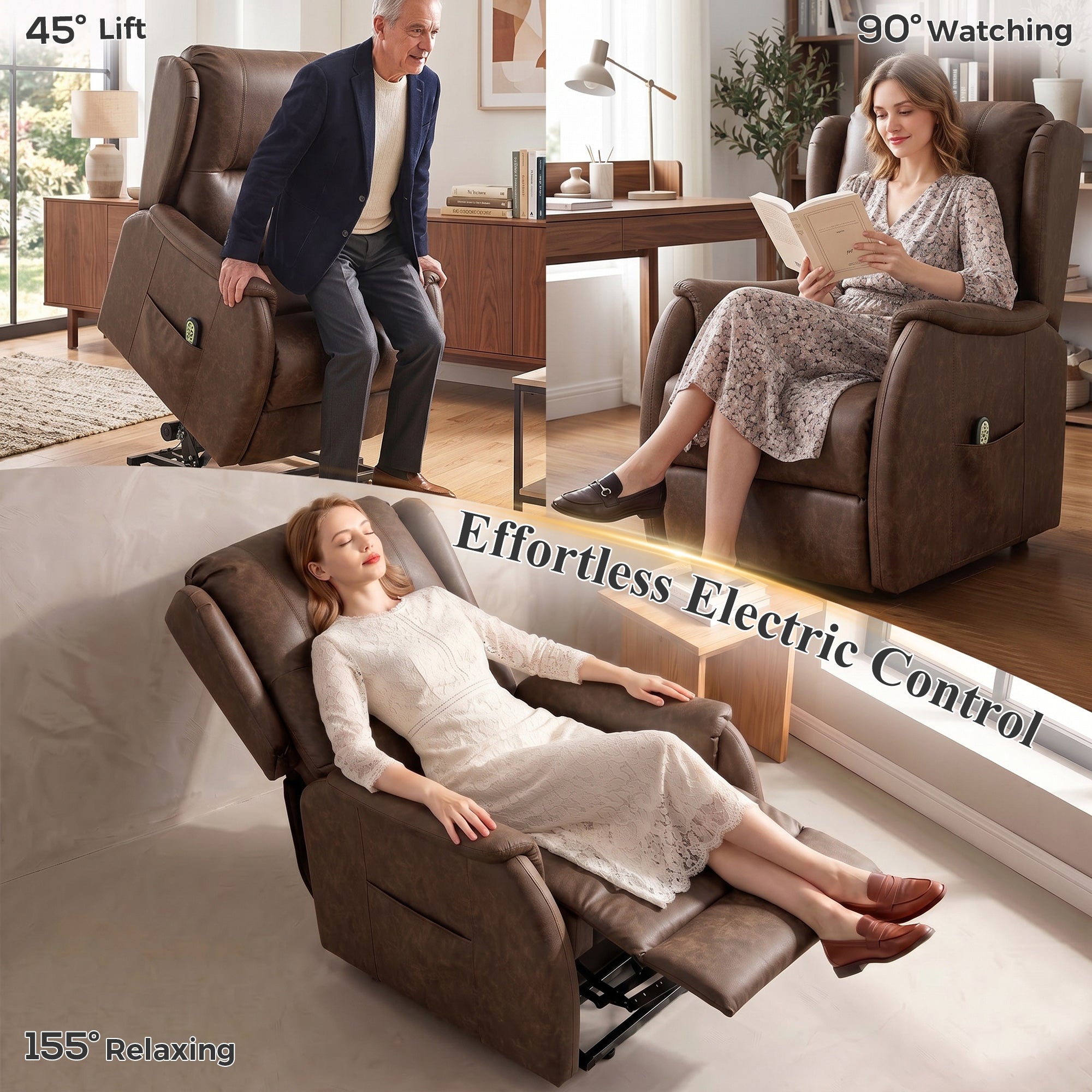 Dual Motor Power Lift Recliner Chair, Electric Lift Chair for Elderly, Faux Leather Riser and Reclining Armchair with Remote Control, Side Pockets, for Living Room, Brown