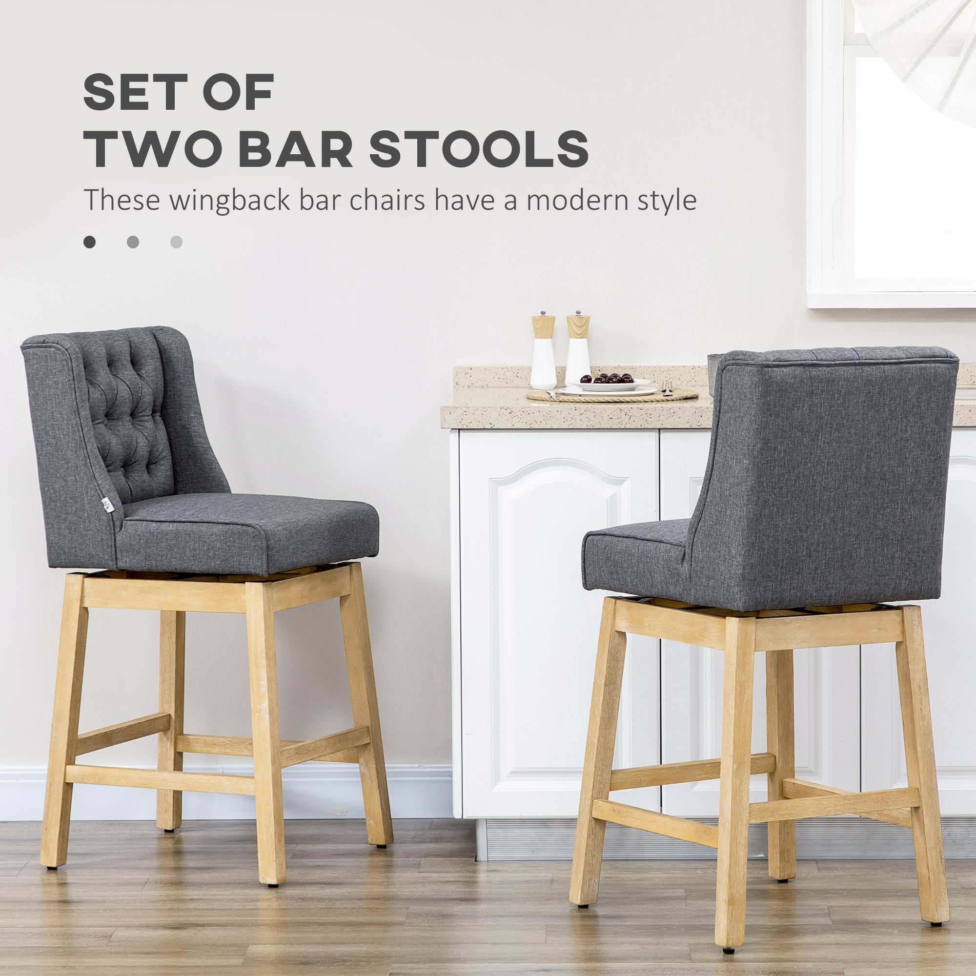 Bar Height Bar Stools Set of 2 180?? Swivel 30" Seat Height with Solid Wood Footrests Gray