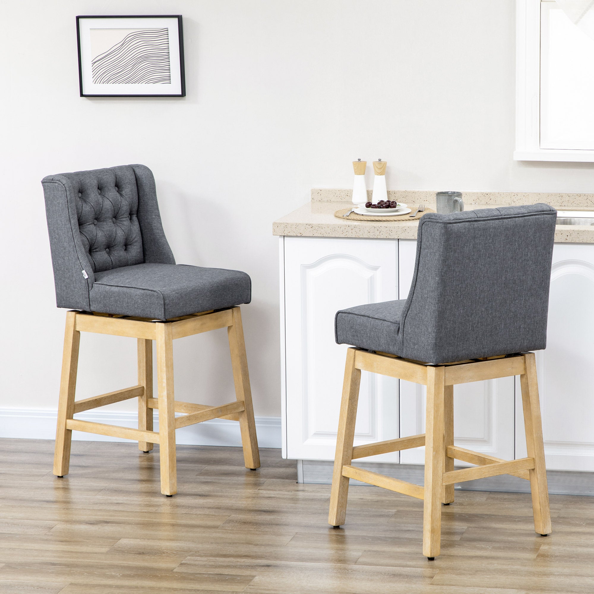 Bar Height Bar Stools Set of 2 180?? Swivel 30" Seat Height with Solid Wood Footrests Gray