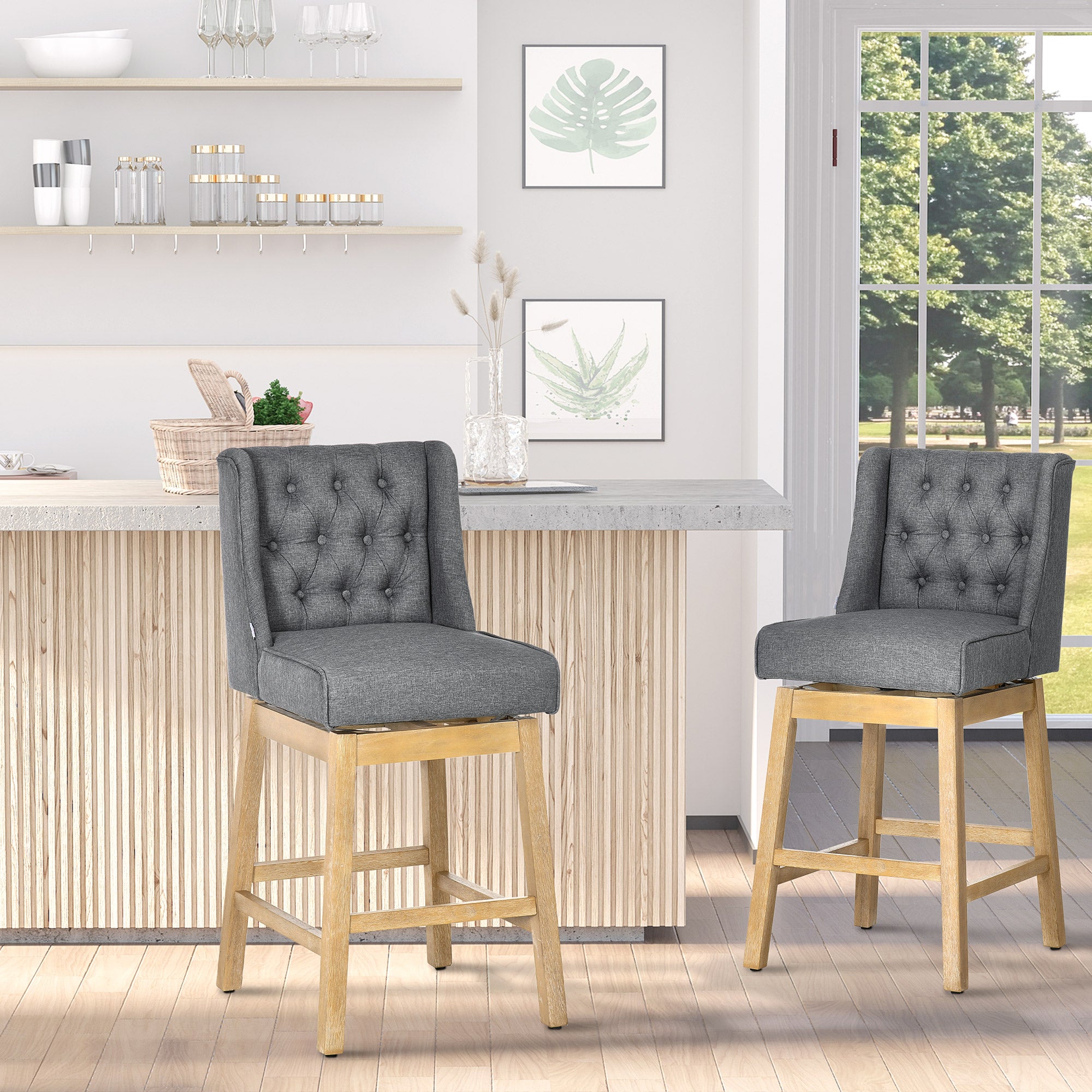 Bar Height Bar Stools Set of 2 180?? Swivel 30" Seat Height with Solid Wood Footrests Gray