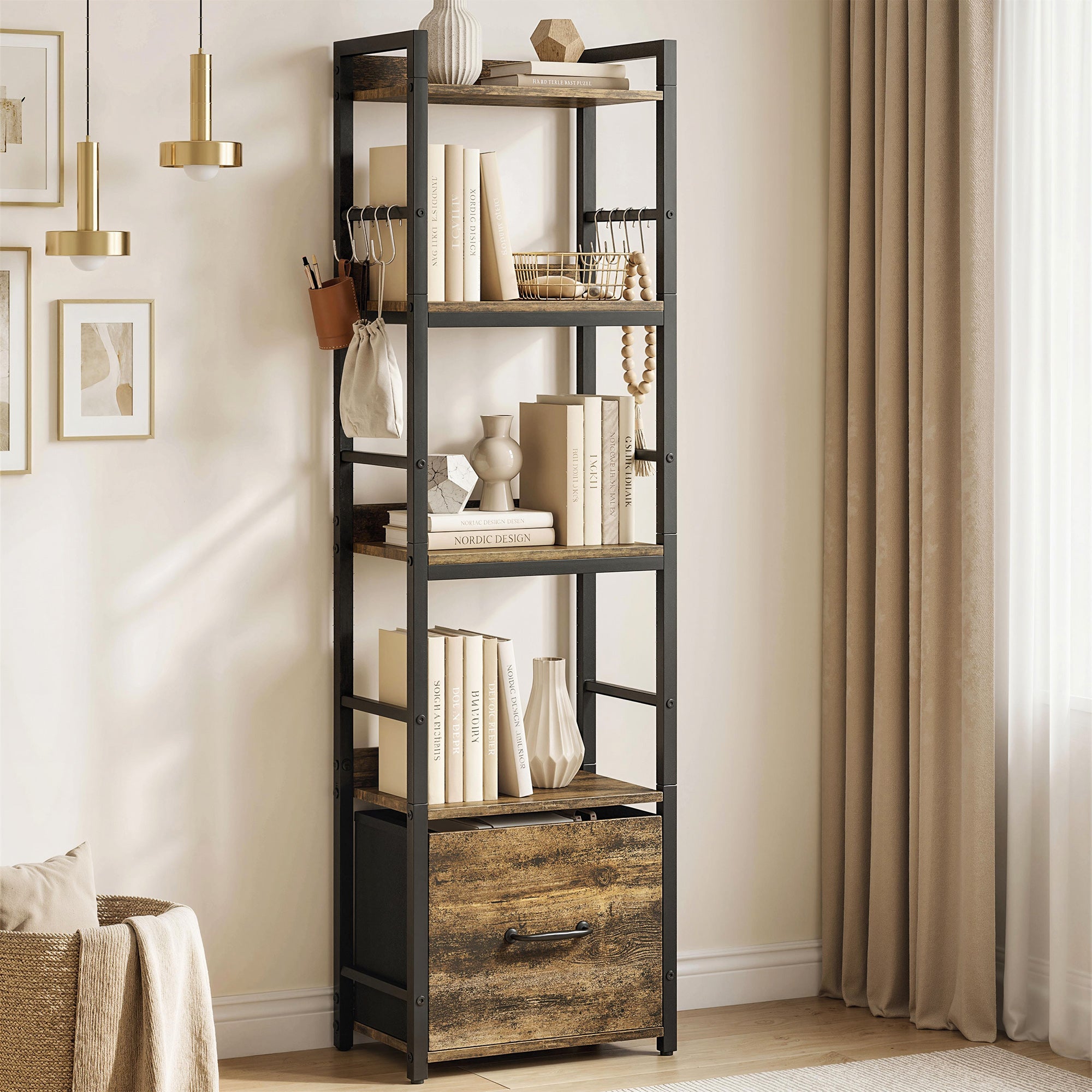 4-Tier Bookshelf, Narrow Bookcase with Drawer, 8 Hooks, Metal Frame, Shelving Unit for Living Room, Bedroom, Home Office, 39 x 26 x 136.5 cm, Rustic Brown