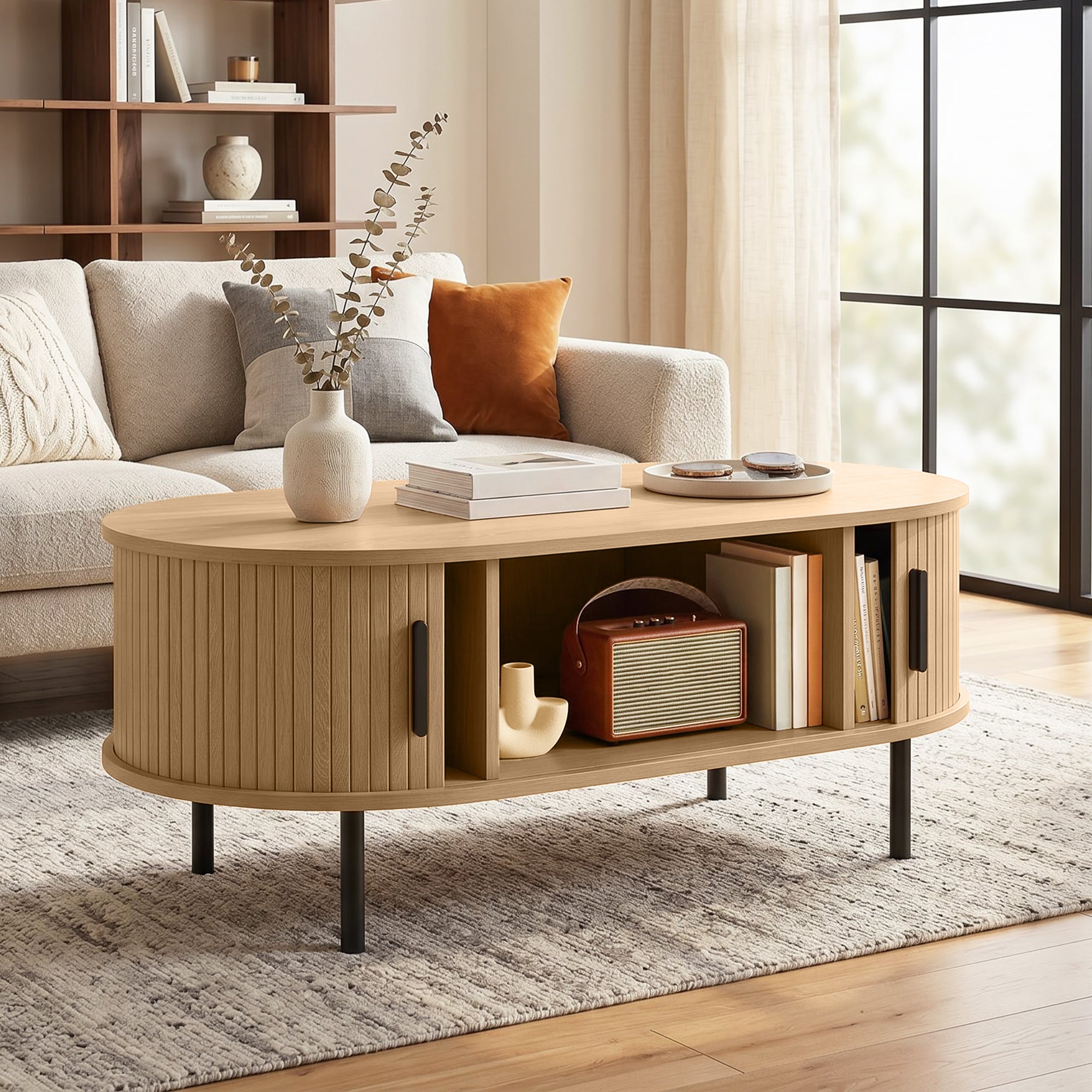 Mid-Century Modern Coffee Table, Center Table for Living Room with Storage, Sliding Tambour Doors, Rounded Edges and Metal Legs, Natural Wood Effect