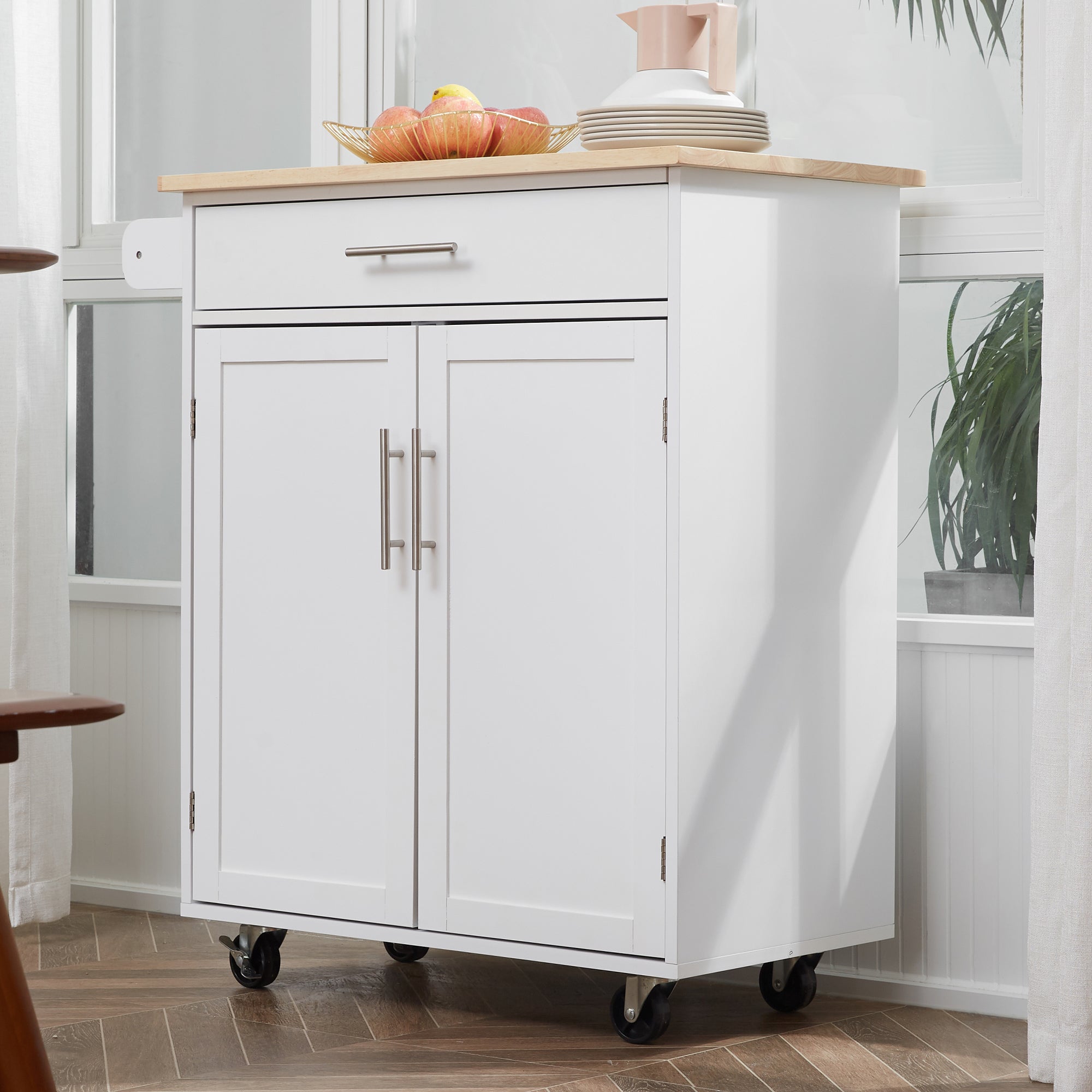 Kitchen Island Cart Rolling Trolley with Drawer Storage Cabinet & Towel Rack White