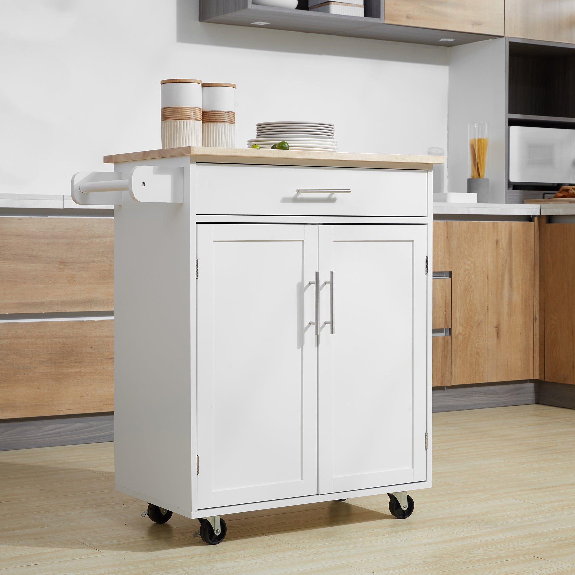 Kitchen Island Cart Rolling Trolley with Drawer Storage Cabinet & Towel Rack White