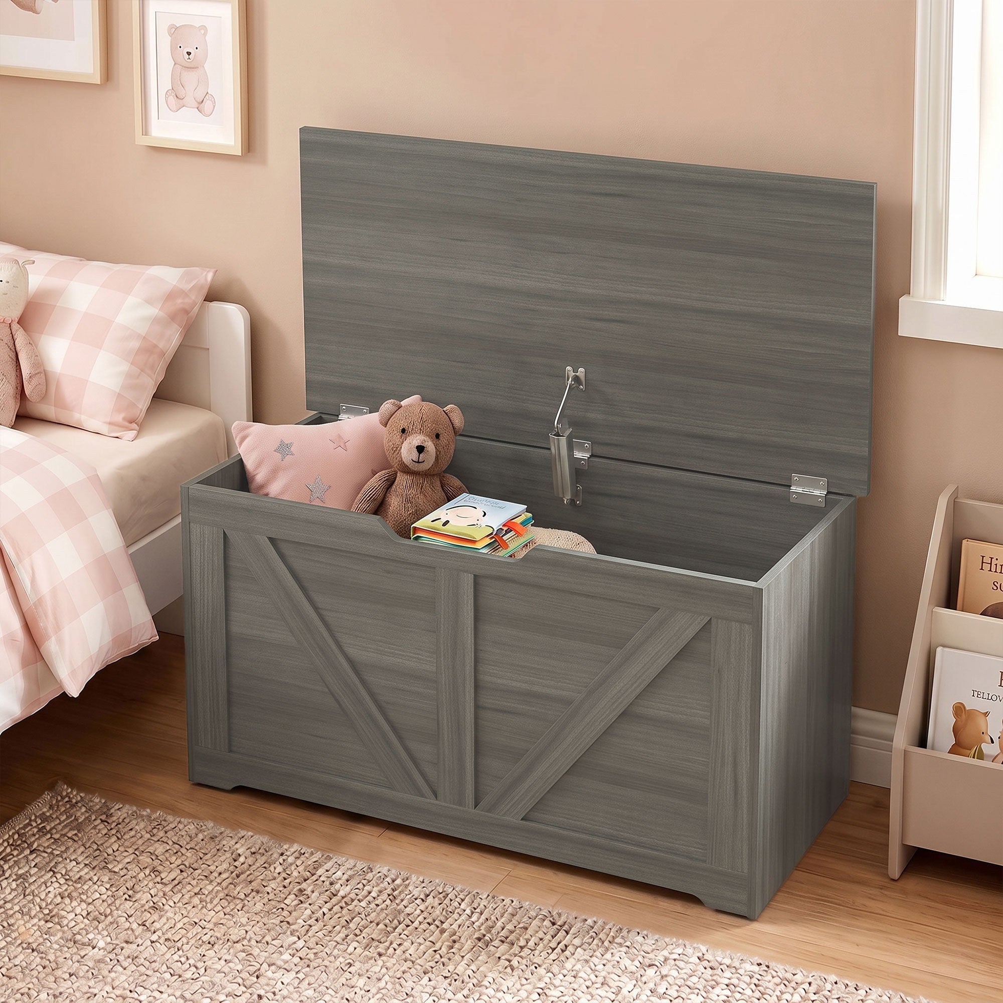100L Storage Chest, Shoe Storage Trunk Bench Box with Safety Hinge and U-shaped Cut-out Pull, Blanket Box Ottoman for Bedroom, Living Room, Entryway, 80 x 40 x 45 cm, Dark Grey Wood-Effect