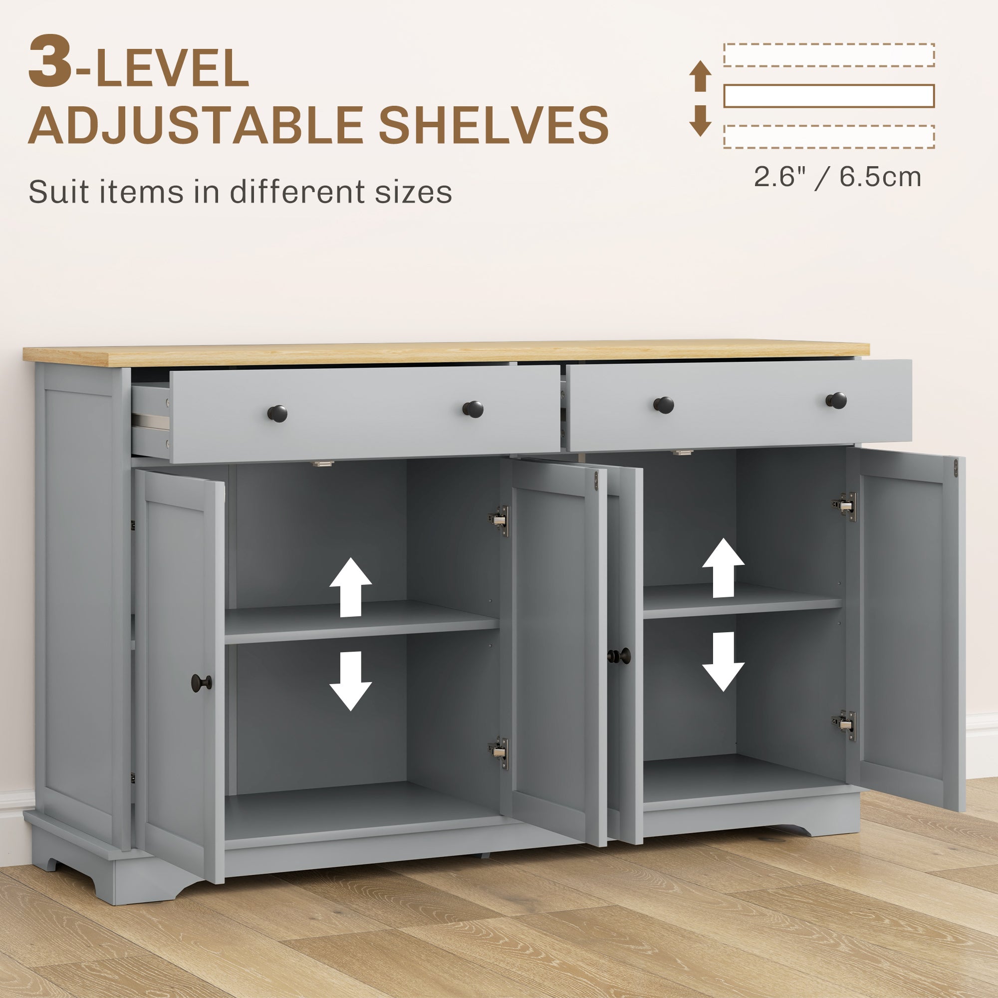 HOMCOM Kitchen Storage Cabinet, Sideboard Buffet Cabinet with Solid Wood Top, Adjustable Shelf, 2 Drawers and 4 Doors, Grey