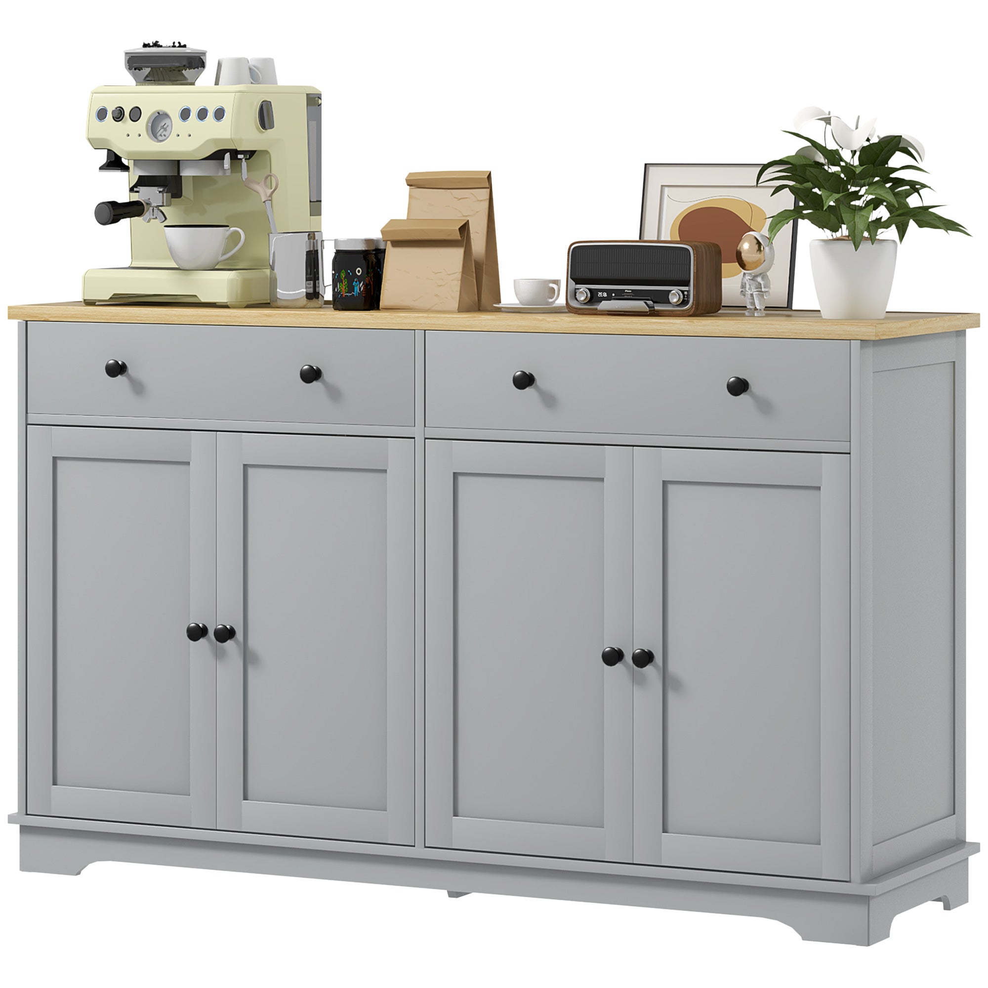 HOMCOM Kitchen Storage Cabinet, Sideboard Buffet Cabinet with Solid Wood Top, Adjustable Shelf, 2 Drawers and 4 Doors, Grey