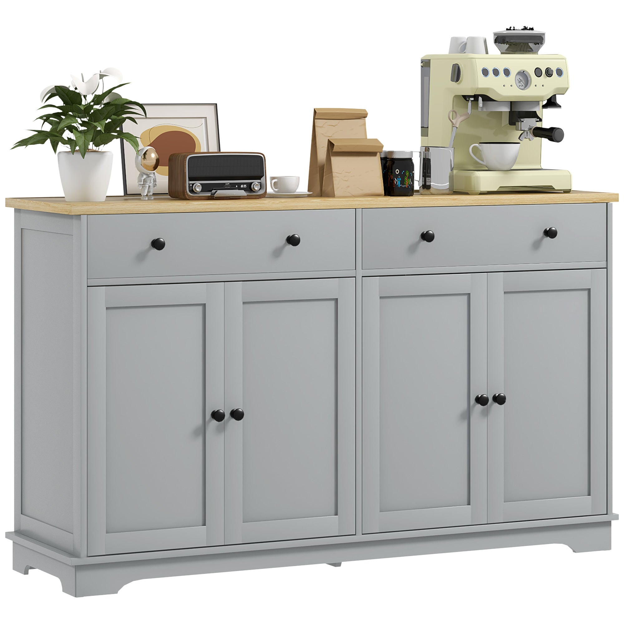 HOMCOM Kitchen Storage Cabinet, Sideboard Buffet Cabinet with Solid Wood Top, Adjustable Shelf, 2 Drawers and 4 Doors, Grey