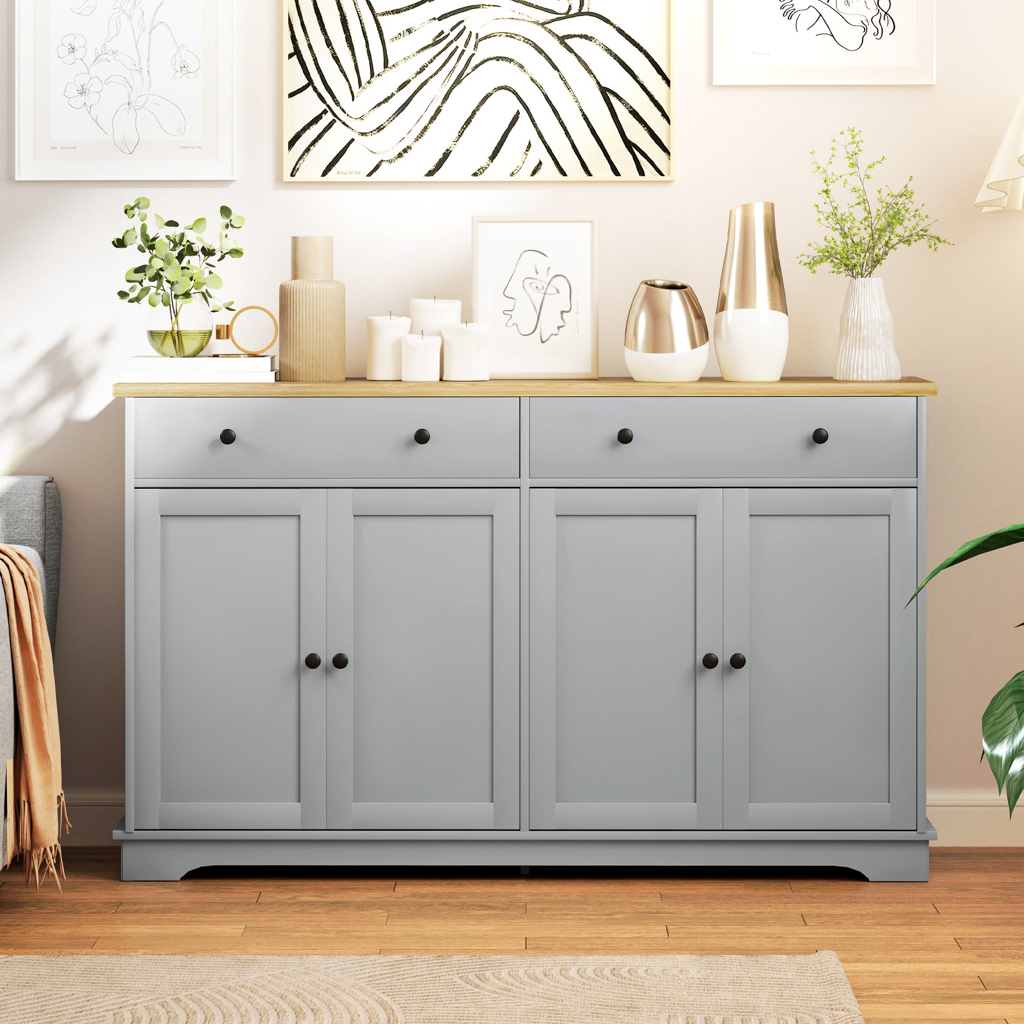 HOMCOM Kitchen Storage Cabinet, Sideboard Buffet Cabinet with Solid Wood Top, Adjustable Shelf, 2 Drawers and 4 Doors, Grey