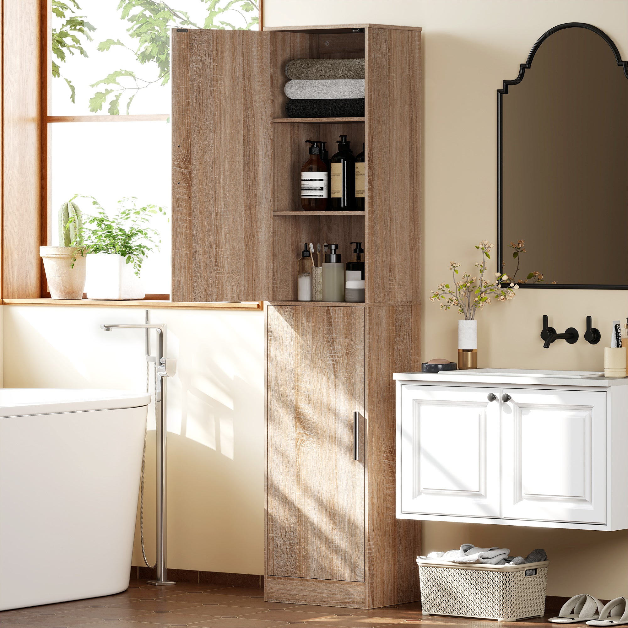 71" Tall Bathroom Cabinet, Slim 6-Tier Bathroom Floor Cabinet with 2 Doors, 4 Adjustable Shelves, Standing Storage Unit for Small Spaces, Living Room, Kitchen, Natural Wood