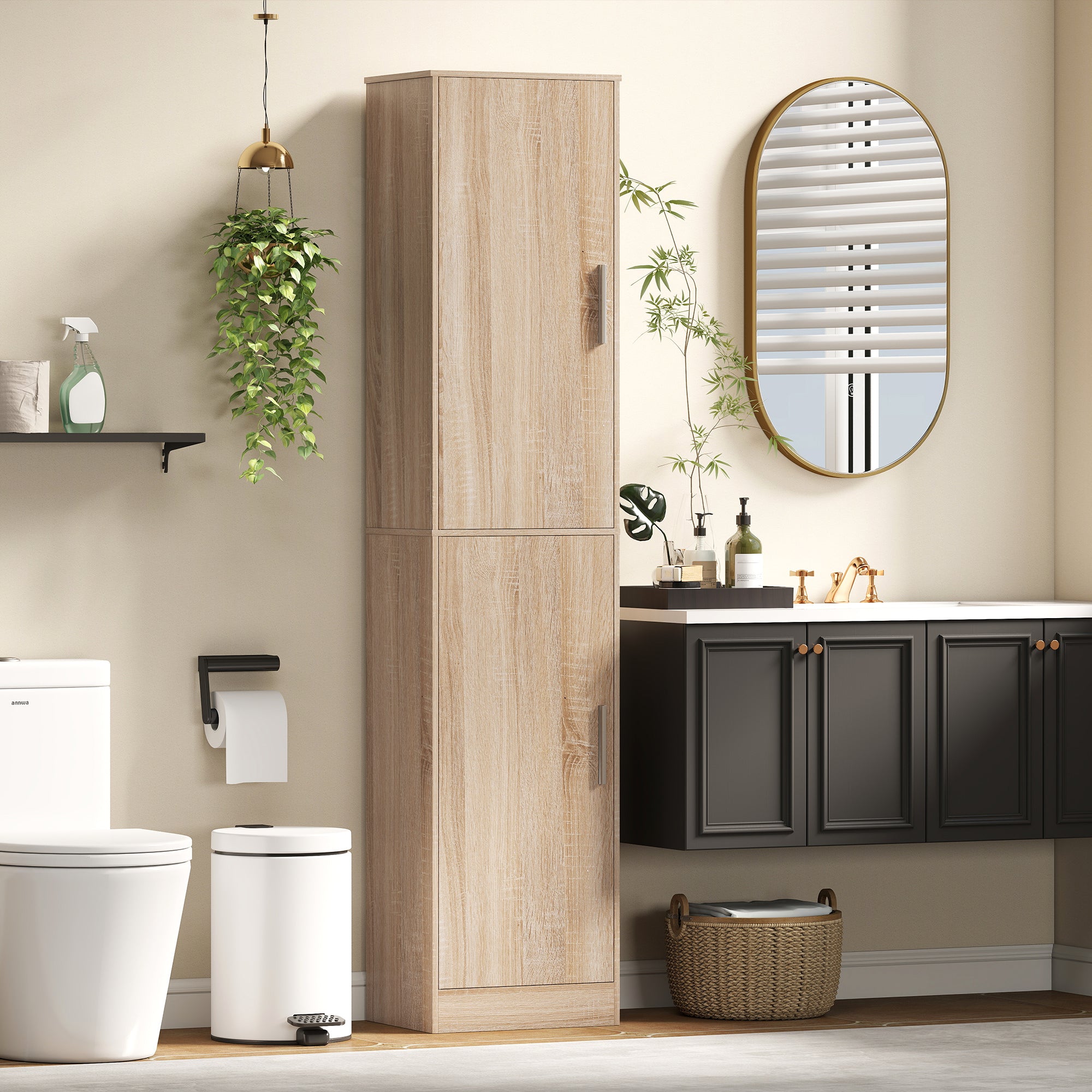 71" Tall Bathroom Cabinet, Slim 6-Tier Bathroom Floor Cabinet with 2 Doors, 4 Adjustable Shelves, Standing Storage Unit for Small Spaces, Living Room, Kitchen, Natural Wood