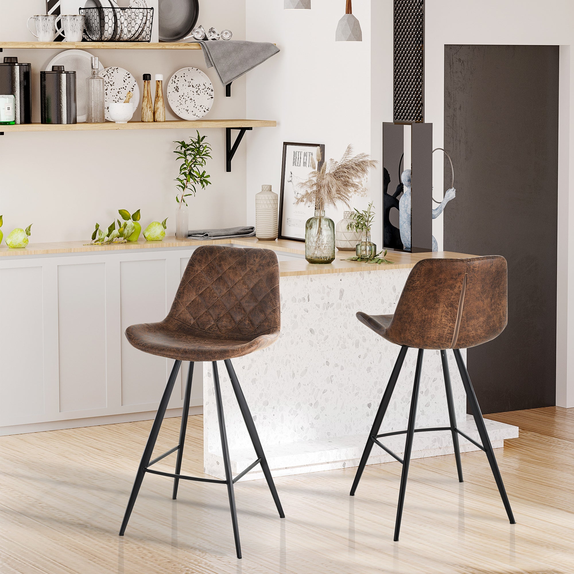 HOMCOM Set Of 2 Bar Stools Vintage Microfiber Cloth Tub Seats Padded Comfortable Steel Frame Footrest Quilted Home Bar Cafe Kitchen Chair Stylish Brown