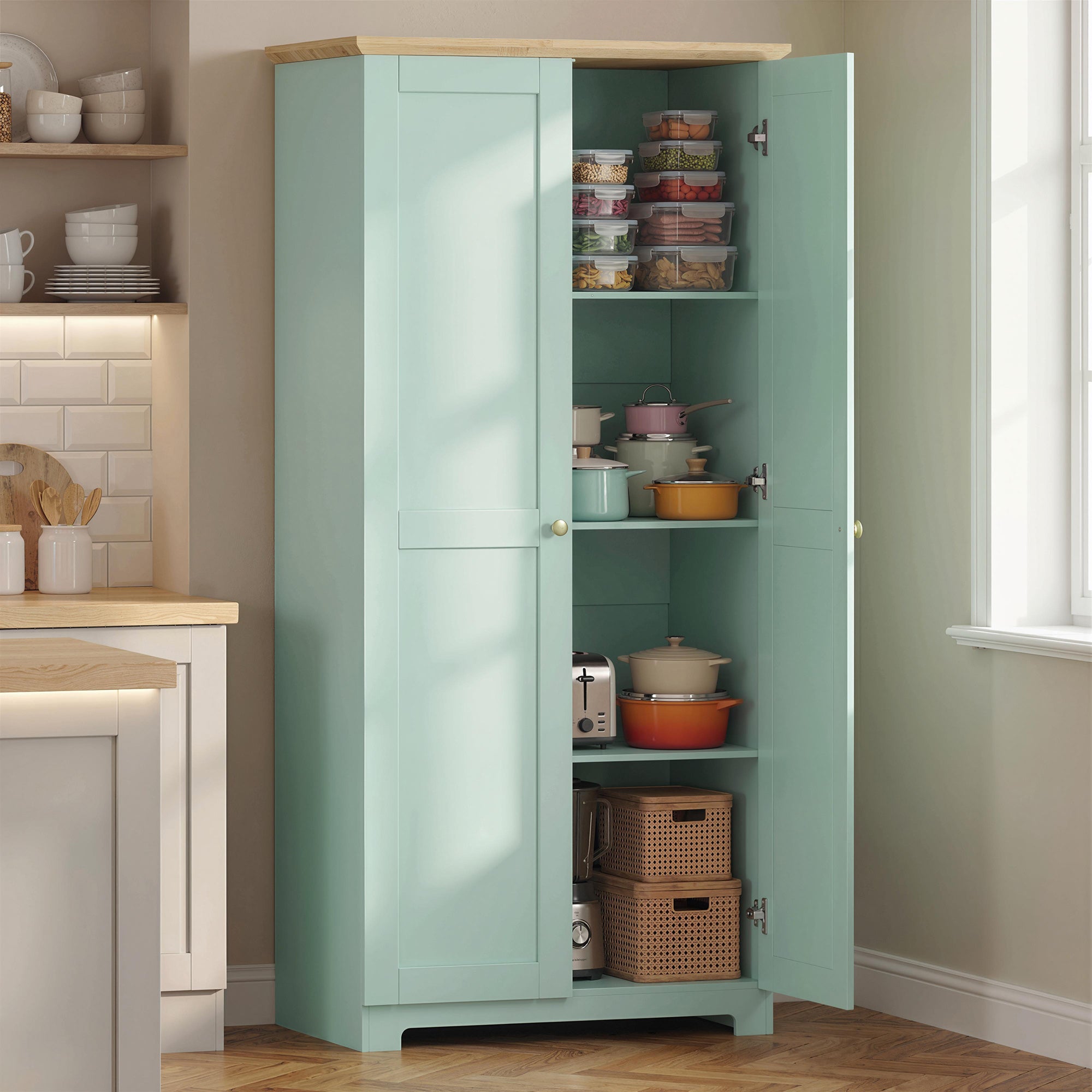 172cm Kitchen Cupboard, Freestanding Storage Cabinet with Doors and Shelves, Modern 2-Door Kitchen Pantry Cupboard for Dining Room, Light Green