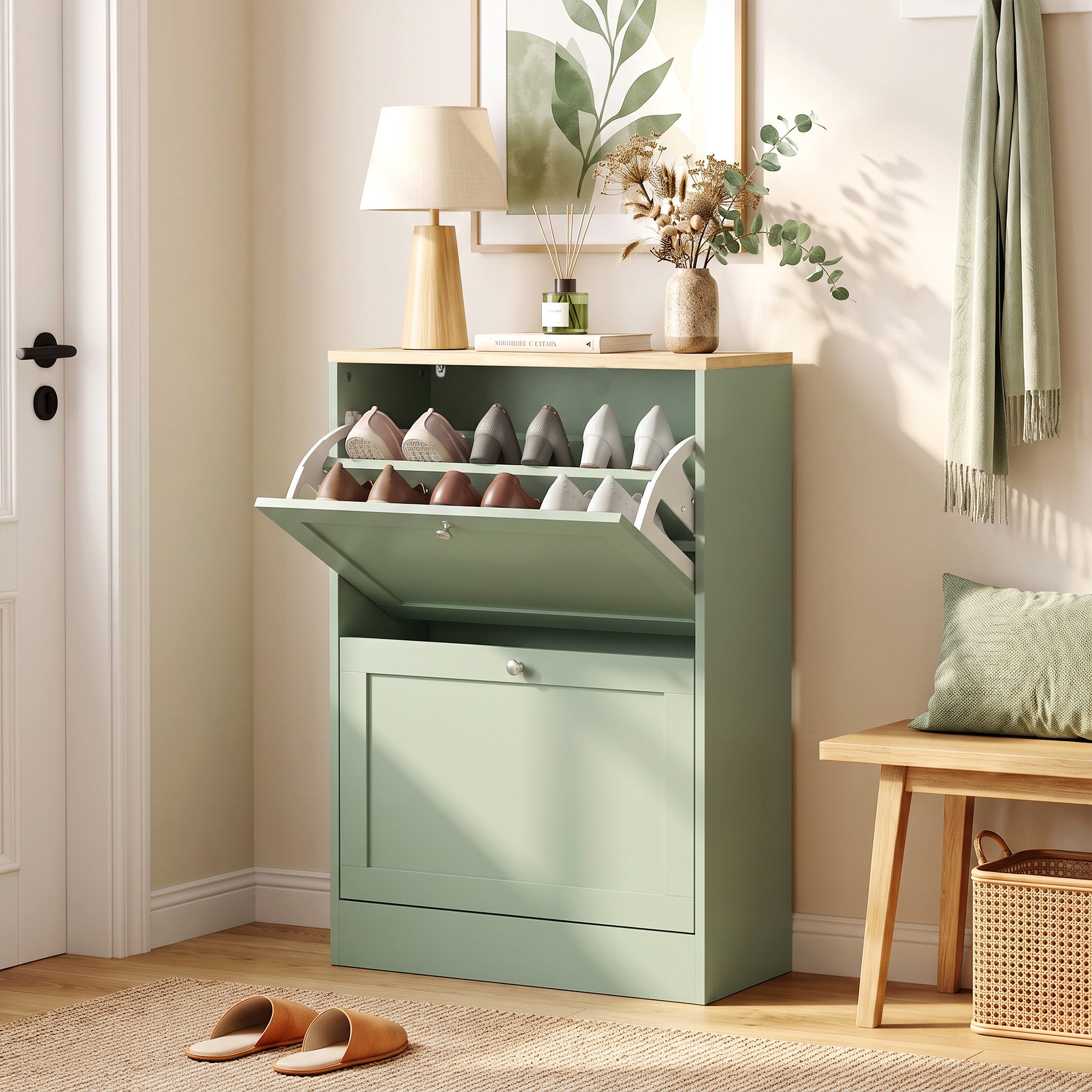 Shoe Storage Cabinet with 2 Flip Drawers, Wooden Freestanding Shoe Organizer with Adjustable Shelves for Entryway, Hallway, Green