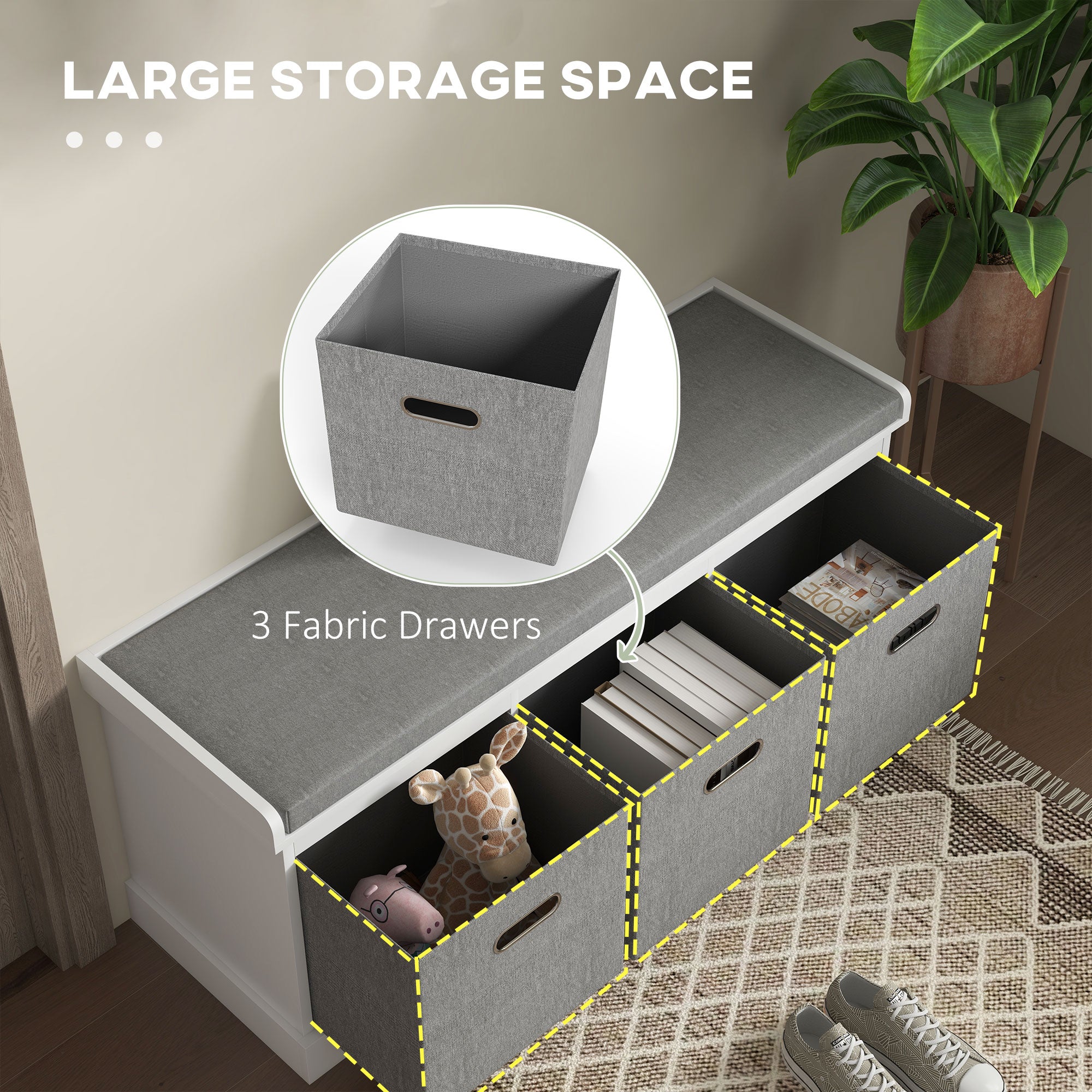 HOMCOM Shoe Bench with Seat, Entryway Bench with Cushion and 3 Fabric Drawers, Shoe Storage Bench for Hallway, Living Room, Bedroom, White