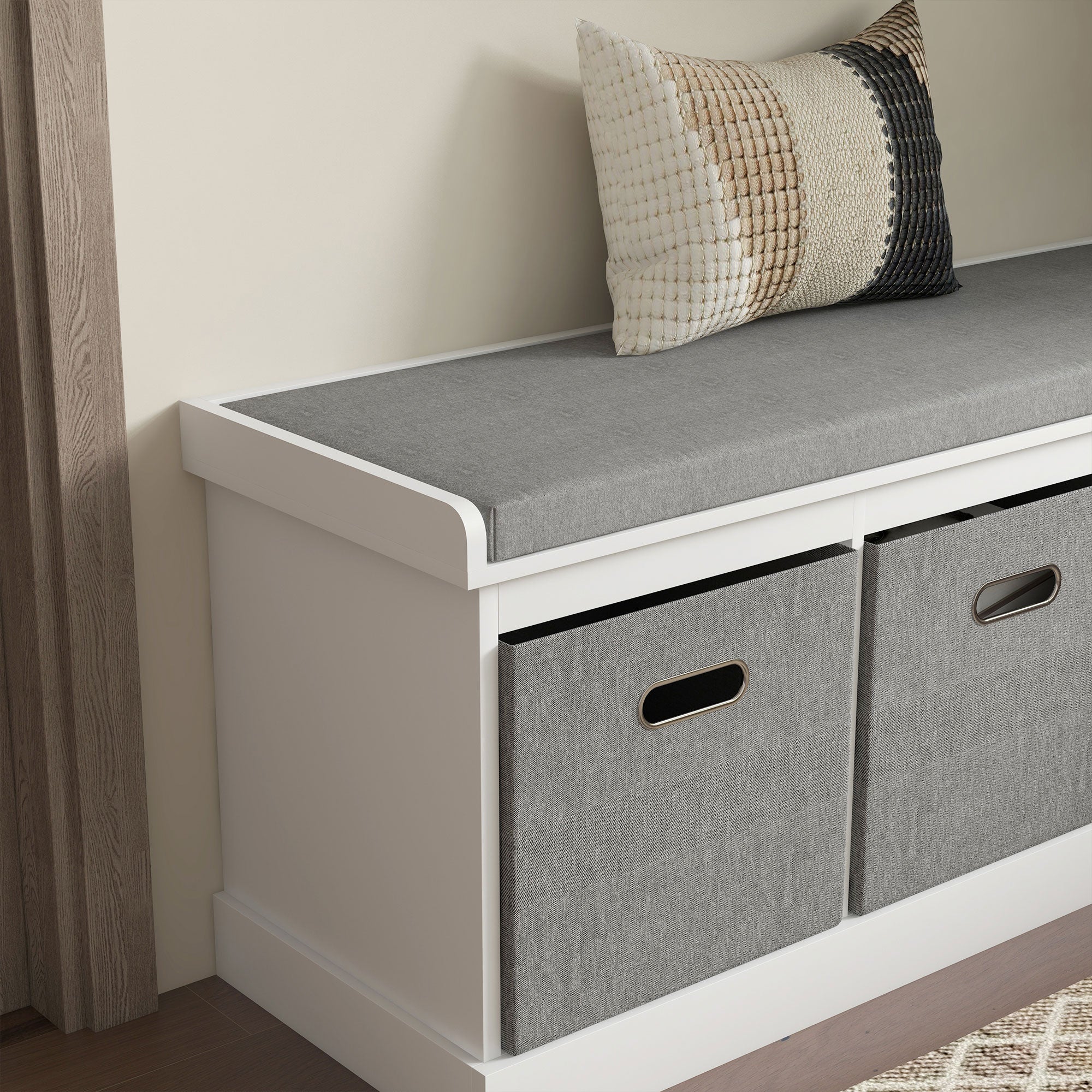 HOMCOM Shoe Bench with Seat, Entryway Bench with Cushion and 3 Fabric Drawers, Shoe Storage Bench for Hallway, Living Room, Bedroom, White