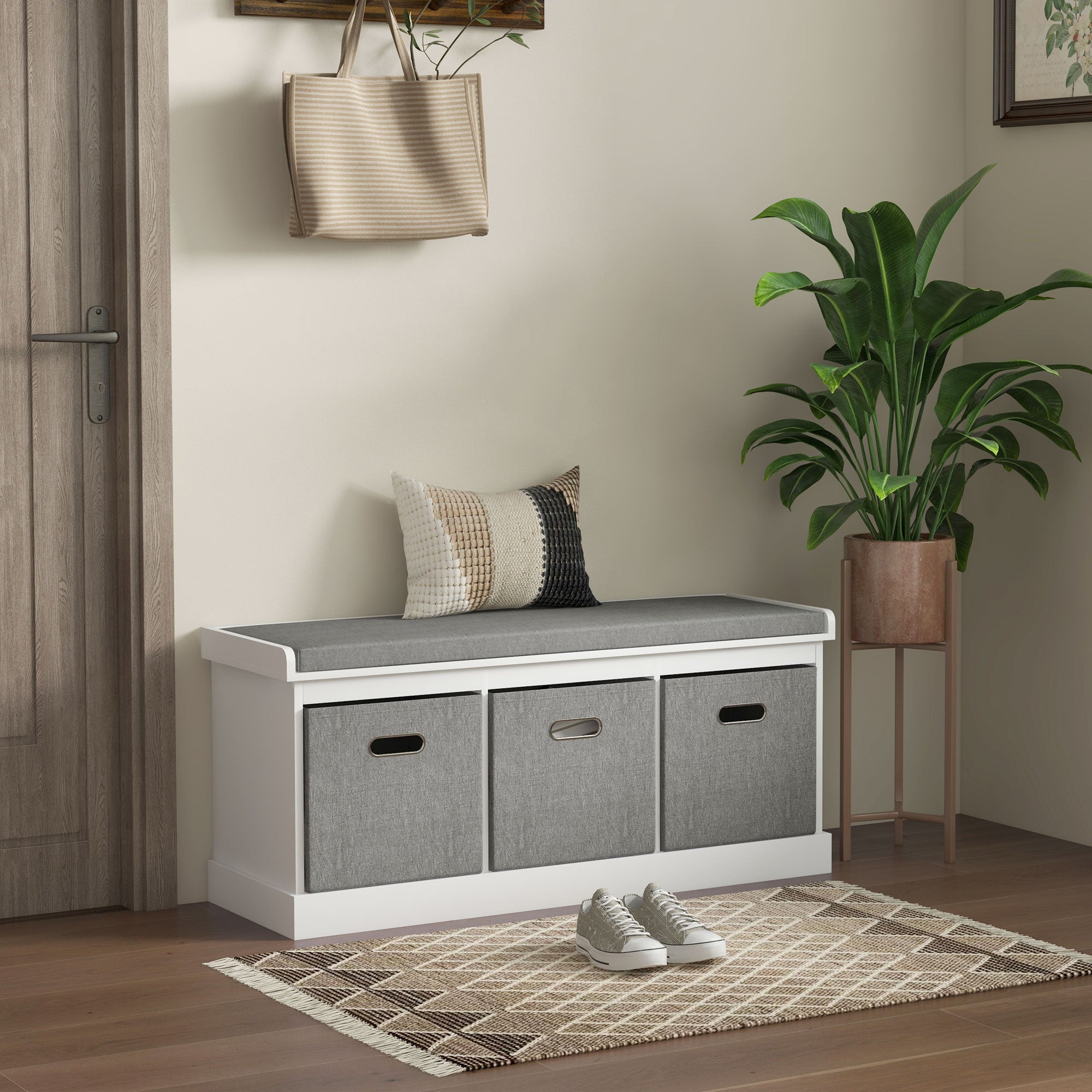 HOMCOM Shoe Bench with Seat, Entryway Bench with Cushion and 3 Fabric Drawers, Shoe Storage Bench for Hallway, Living Room, Bedroom, White
