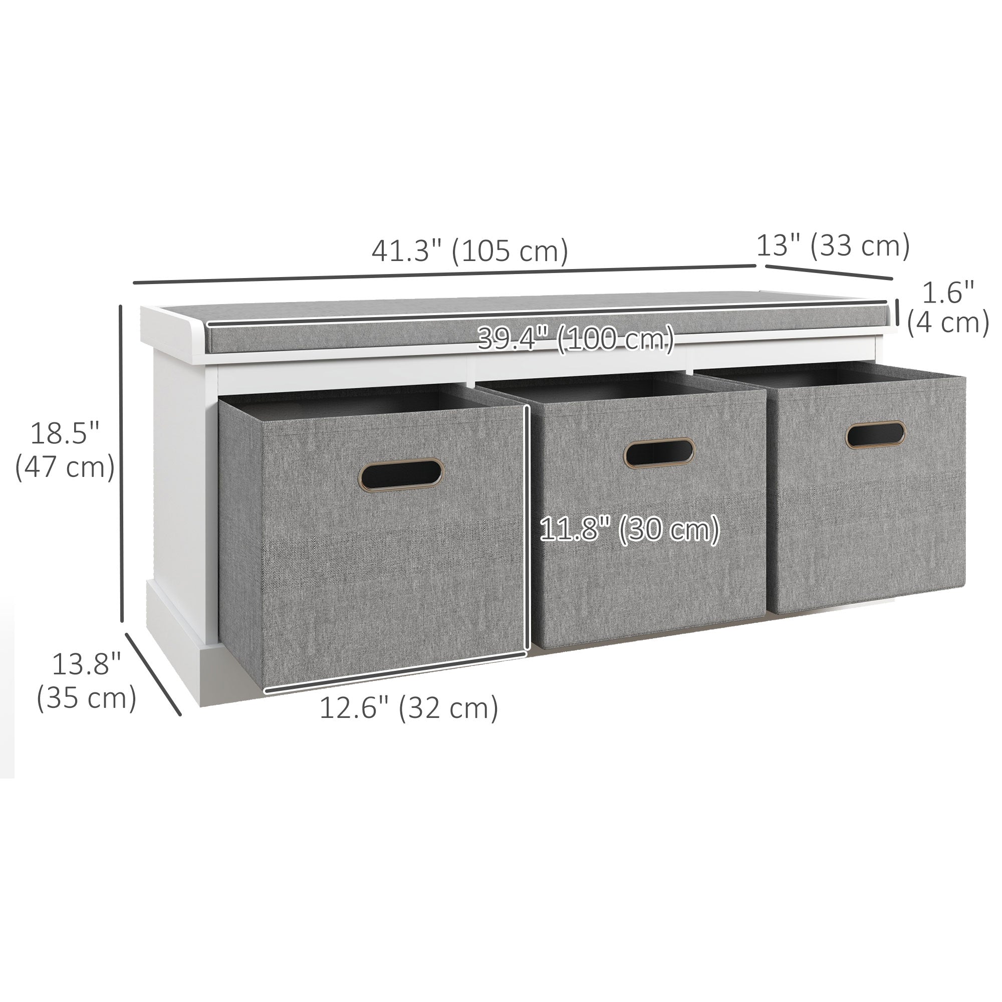 HOMCOM Shoe Bench with Seat, Entryway Bench with Cushion and 3 Fabric Drawers, Shoe Storage Bench for Hallway, Living Room, Bedroom, White