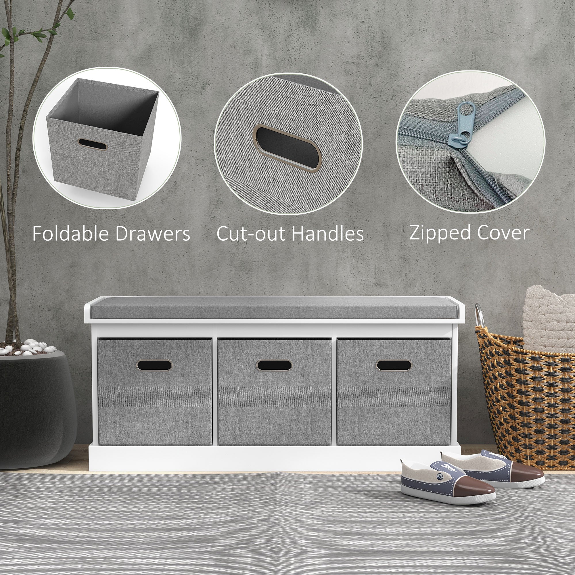 HOMCOM Shoe Bench with Seat, Entryway Bench with Cushion and 3 Fabric Drawers, Shoe Storage Bench for Hallway, Living Room, Bedroom, White
