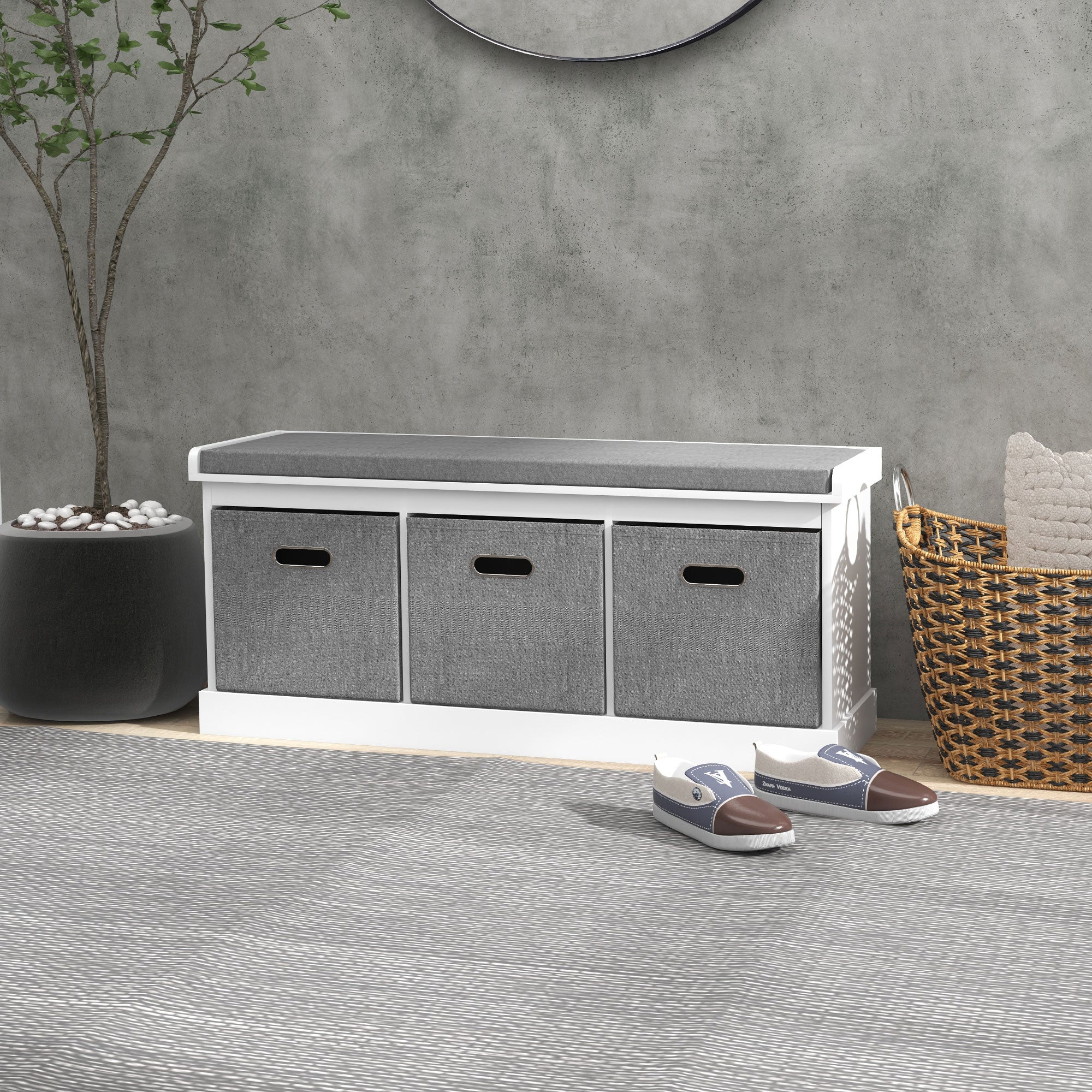 HOMCOM Shoe Bench with Seat, Entryway Bench with Cushion and 3 Fabric Drawers, Shoe Storage Bench for Hallway, Living Room, Bedroom, White