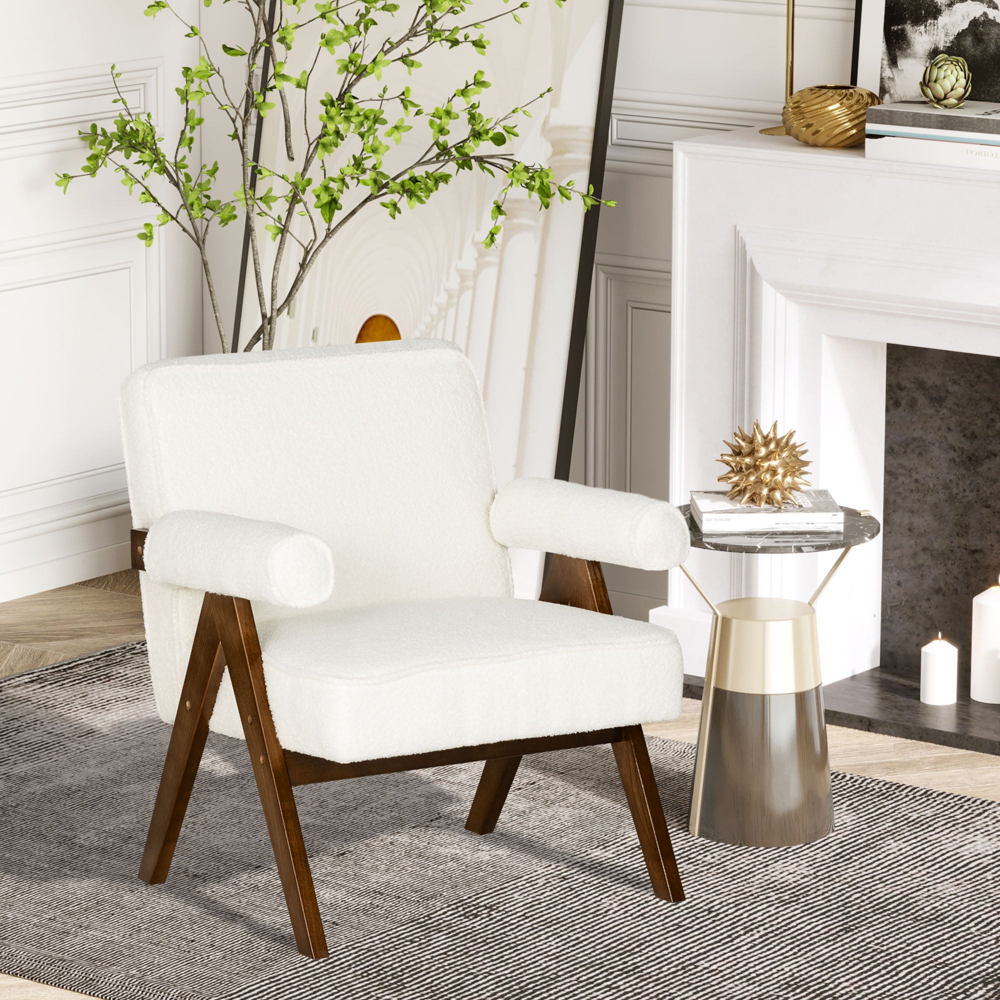 HOMCOM Accent Chair with Wide Seat, Cashmere Upholstered Armchair, Modern Living Room Chair with Soft Padded Armrests and Solid Wood Legs for Reading, Bedroom, Cream White