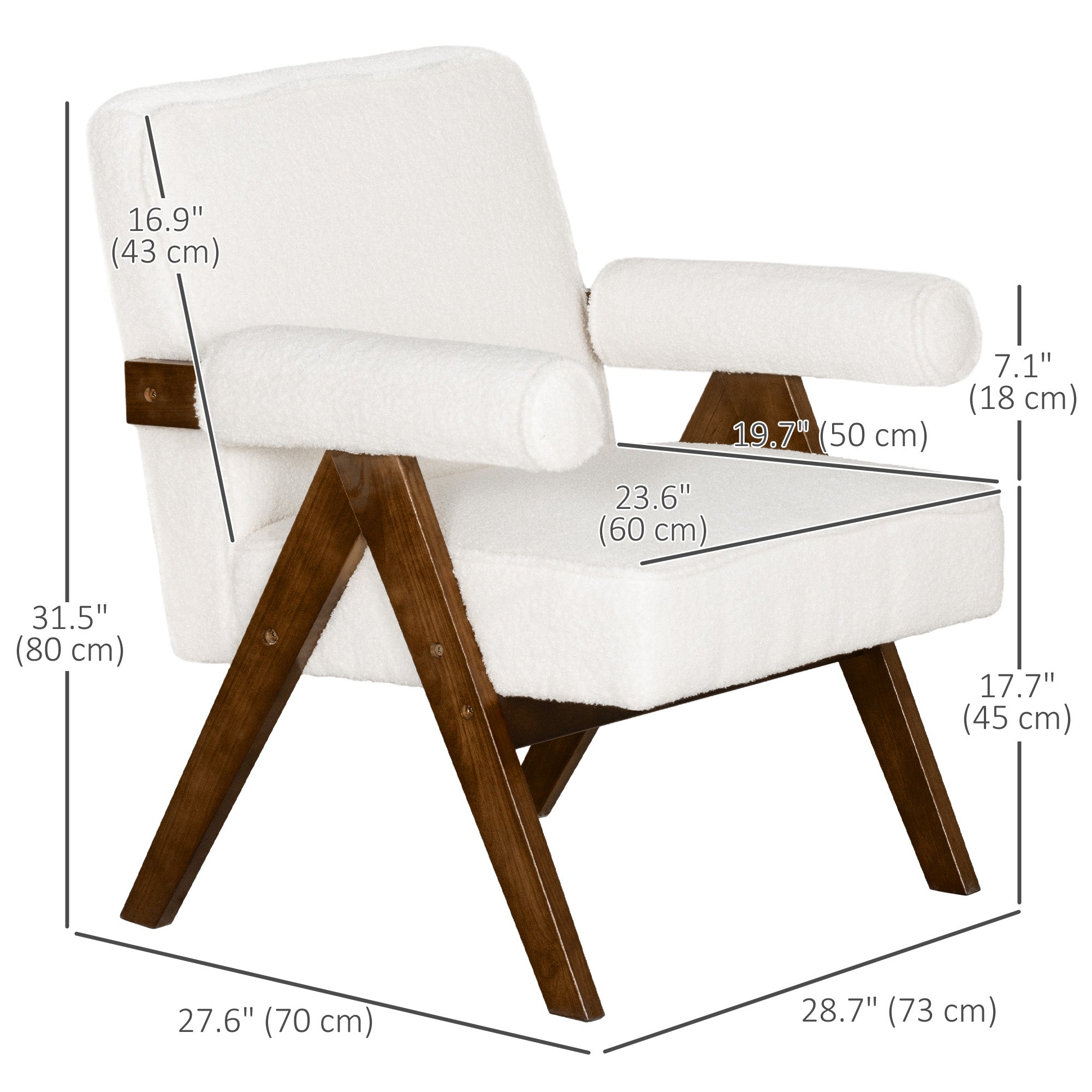 HOMCOM Accent Chair with Wide Seat, Cashmere Upholstered Armchair, Modern Living Room Chair with Soft Padded Armrests and Solid Wood Legs for Reading, Bedroom, Cream White