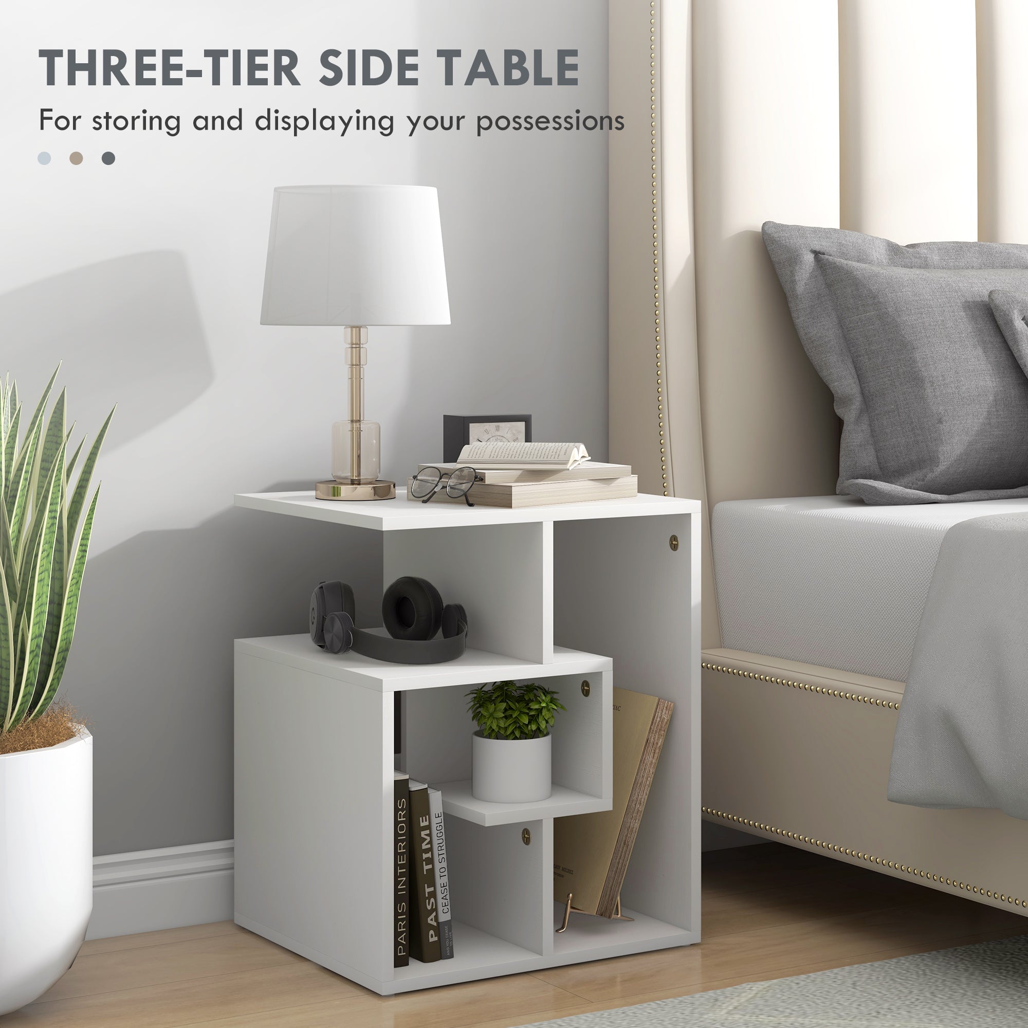 HOMCOM Side Table, 3 Tier End Table with Open Storage Shelves, Living Room Coffee Table Organiser Unit, White