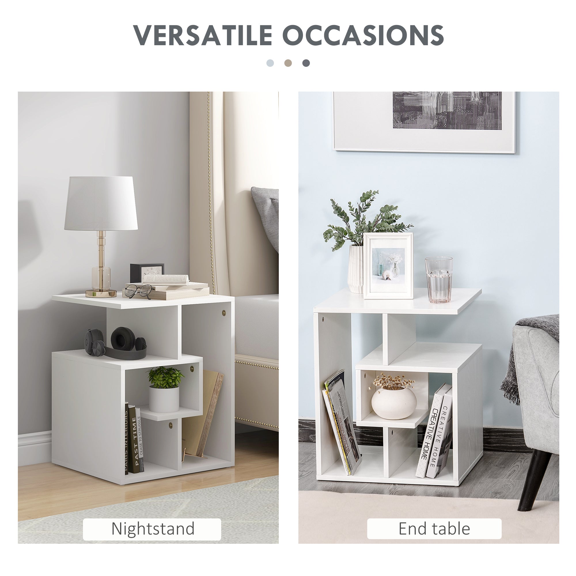 HOMCOM Side Table, 3 Tier End Table with Open Storage Shelves, Living Room Coffee Table Organiser Unit, White
