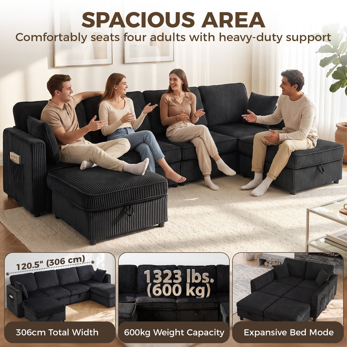 Modular Sectional Sofa with Dual Storage Ottoman, 306 cm 4 Seater U-Shaped Couch, Corduroy Sofa Bed with Under-Seat Storage, 4 Pillows, Pocket Springs, Pockets, Dark Grey
