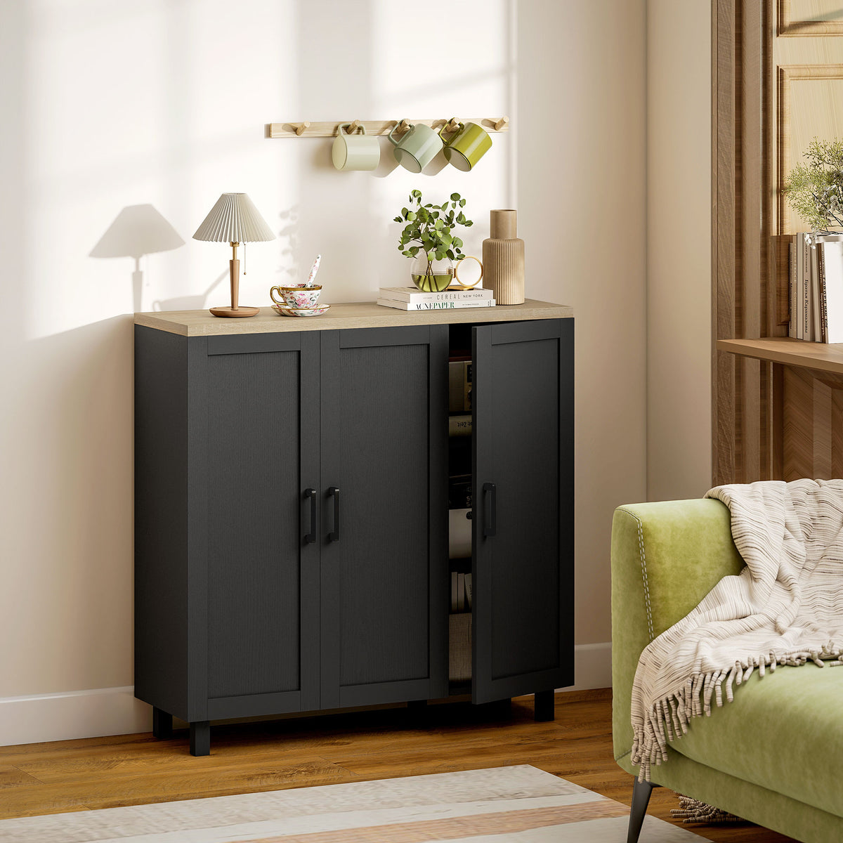 Sideboard Buffet Cabinet, Kitchen Storage Cabinet with 3 Doors and Adjustable Shelves for Living Room, Kitchen, Dining Room, Black