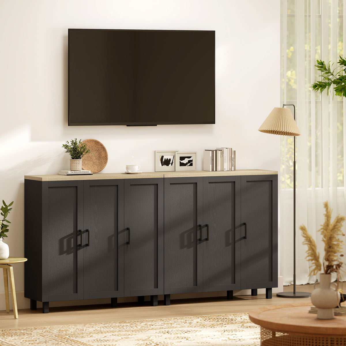 Sideboard Buffet Cabinet, Kitchen Storage Cabinet with 3 Doors and Adjustable Shelves for Living Room, Kitchen, Dining Room, Black