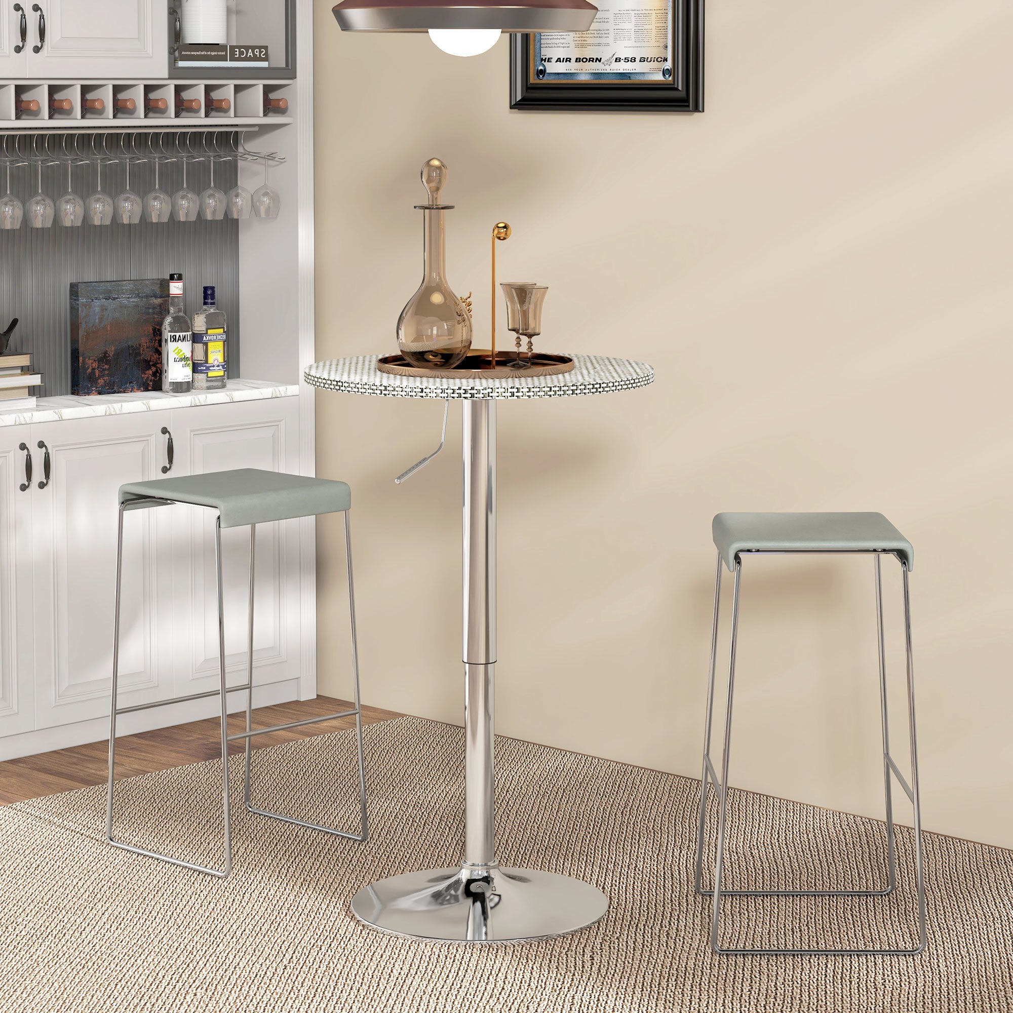 HOMCOM Round Bar Table for 2, Adjustable Pub Table with PE Rattan Top and Steel Base, Modern Bistro Table for Home Bar, Small Dining Room, Grey