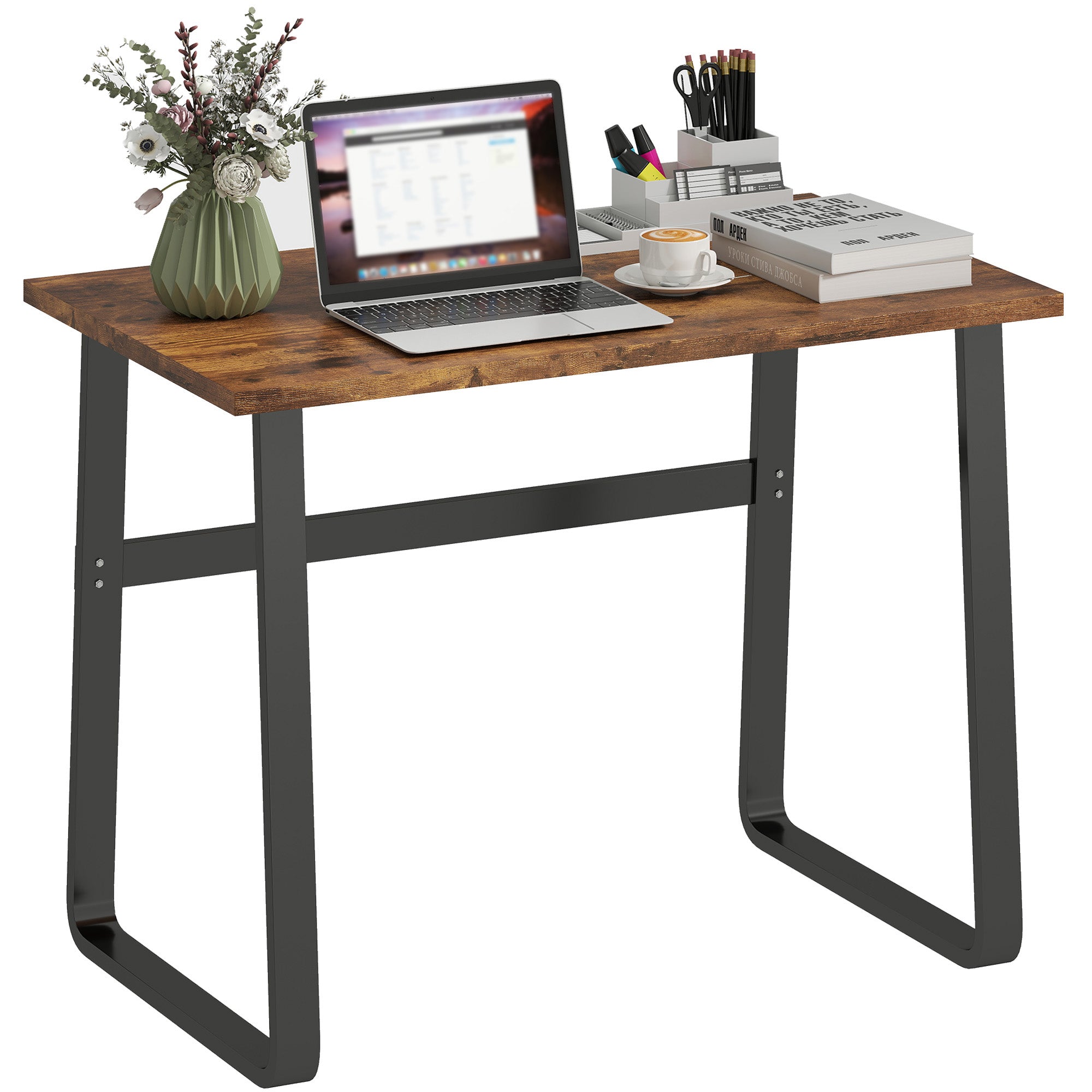 Computer Desk, Writing Desk with Steel Frame and Wood Top, Industrial Home Study Table, 100 x 58 x 74.5cm, Rustic Brown and Black
