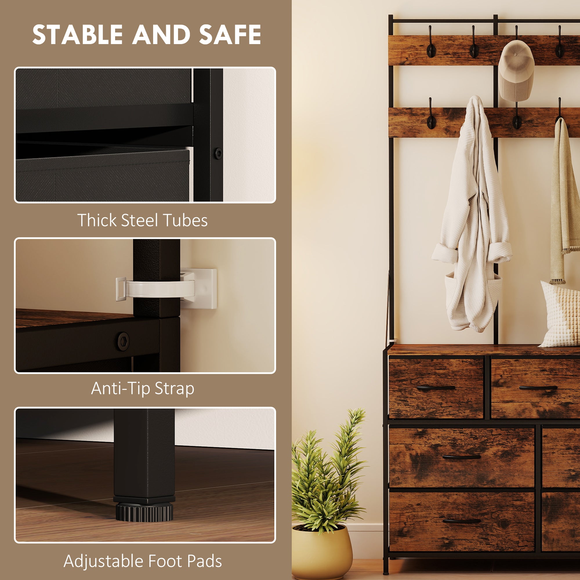 4-In-1 Hall Tree with Fabric Dresser, Industrial Coat Rack with 7 Drawers, 14 Hooks, Grid Panel, Coat Hanger Stand for Hallway, Entryway, Bedroom, Living Room, Rustic Brown