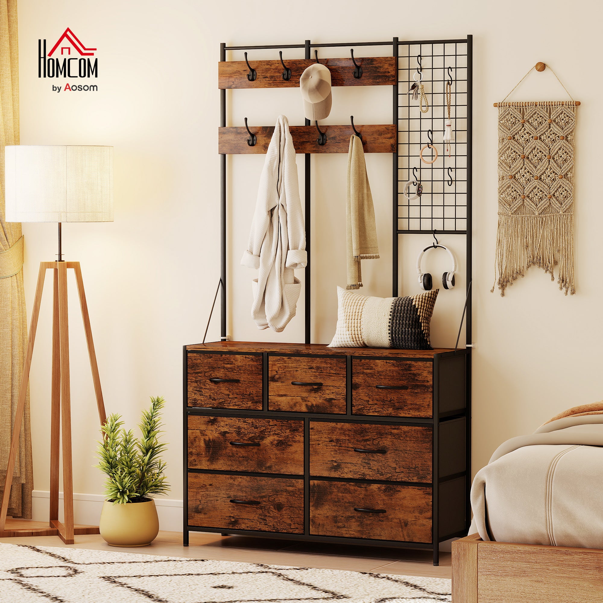 4-In-1 Hall Tree with Fabric Dresser, Industrial Coat Rack with 7 Drawers, 14 Hooks, Grid Panel, Coat Hanger Stand for Hallway, Entryway, Bedroom, Living Room, Rustic Brown
