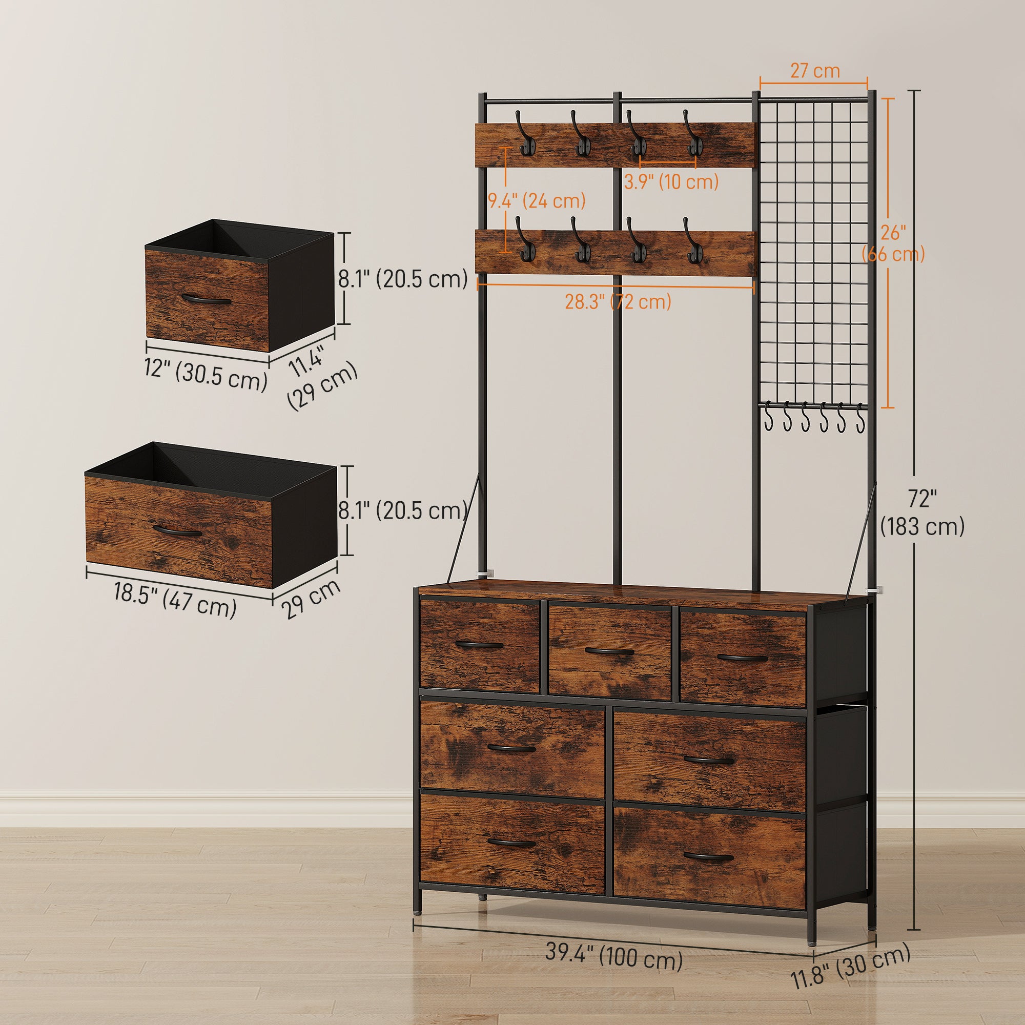 4-In-1 Hall Tree with Fabric Dresser, Industrial Coat Rack with 7 Drawers, 14 Hooks, Grid Panel, Coat Hanger Stand for Hallway, Entryway, Bedroom, Living Room, Rustic Brown