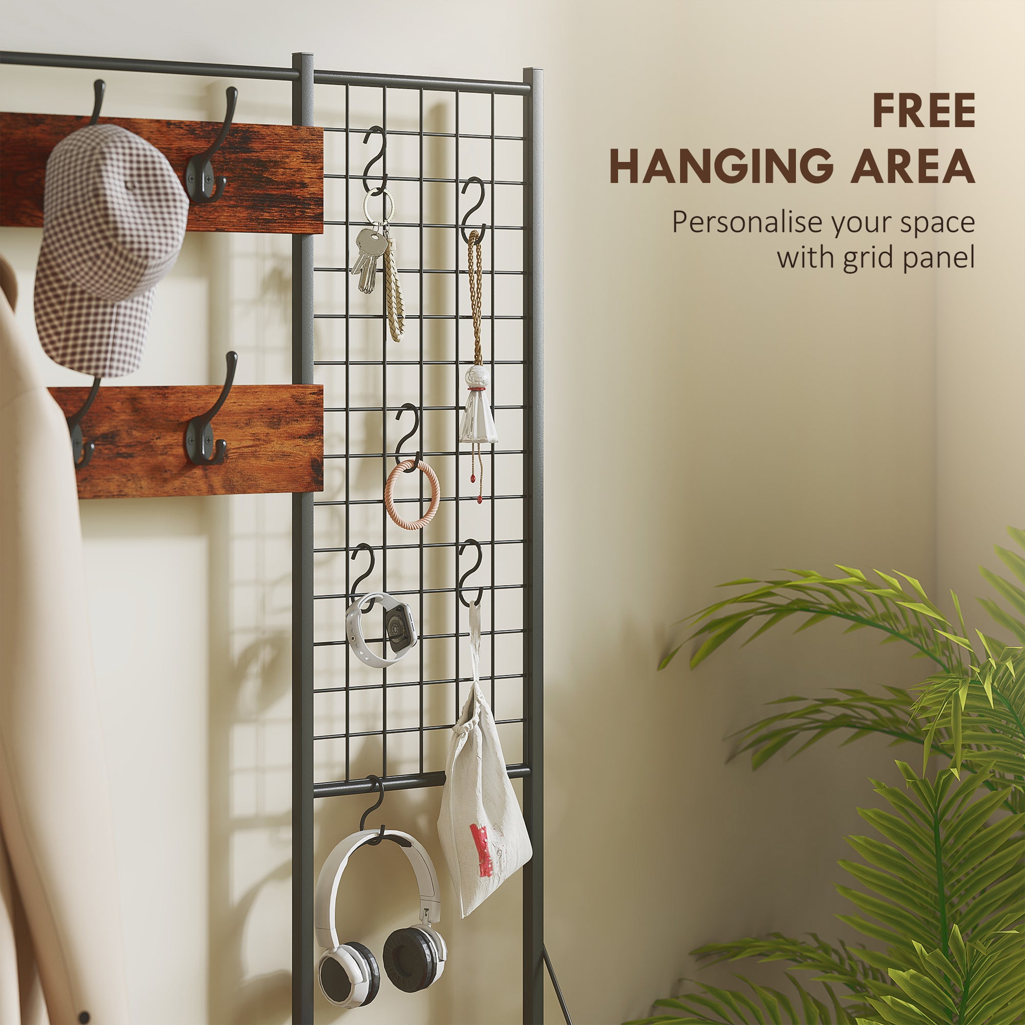 4-In-1 Hall Tree with Fabric Dresser, Industrial Coat Rack with 7 Drawers, 14 Hooks, Grid Panel, Coat Hanger Stand for Hallway, Entryway, Bedroom, Living Room, Rustic Brown