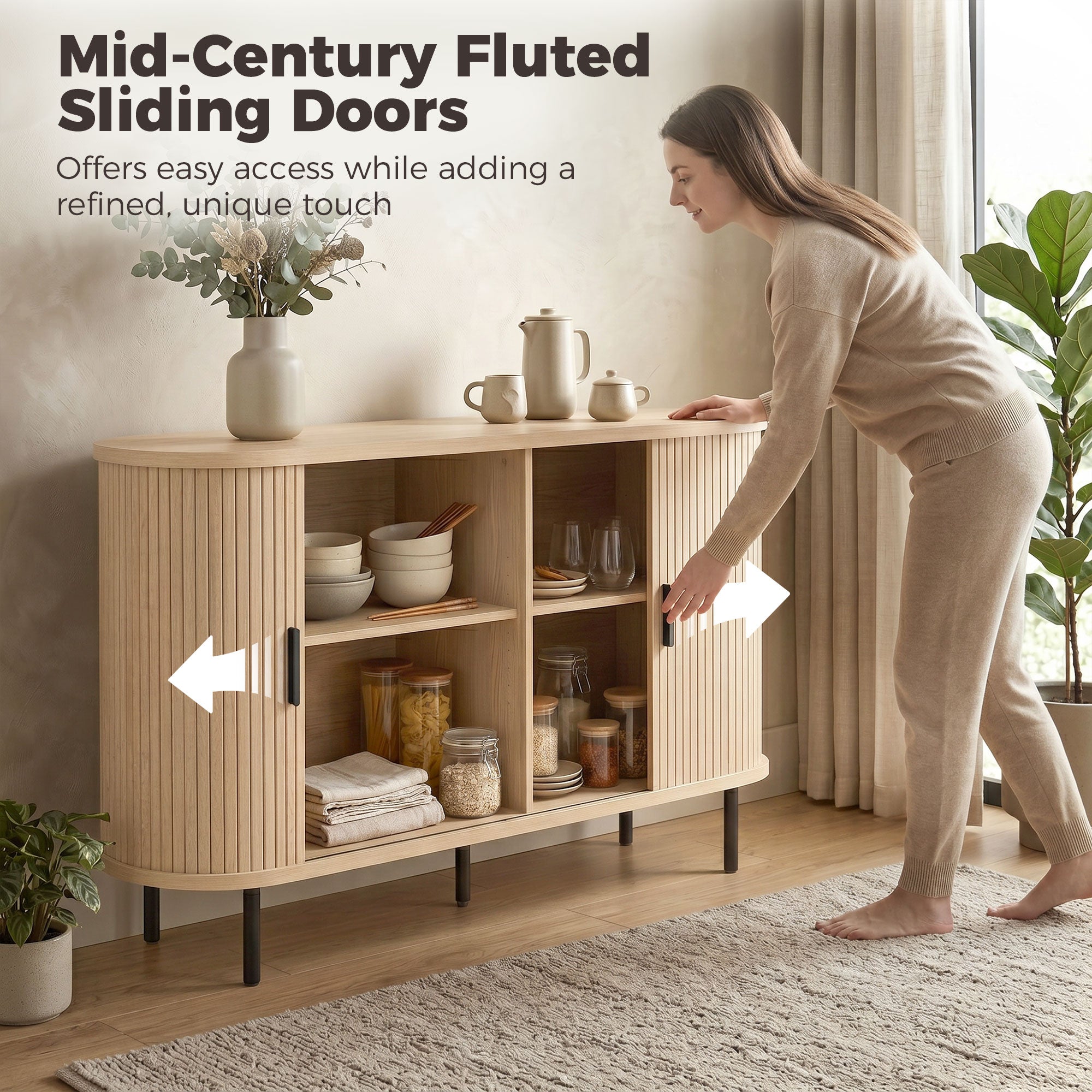 Fluted Sideboard Buffet Cabinet, 55" Mid Century Coffee Bar Cabinet with Sliding Doors, Kitchen Credenza with Adjustable Shelves, Natural Wood